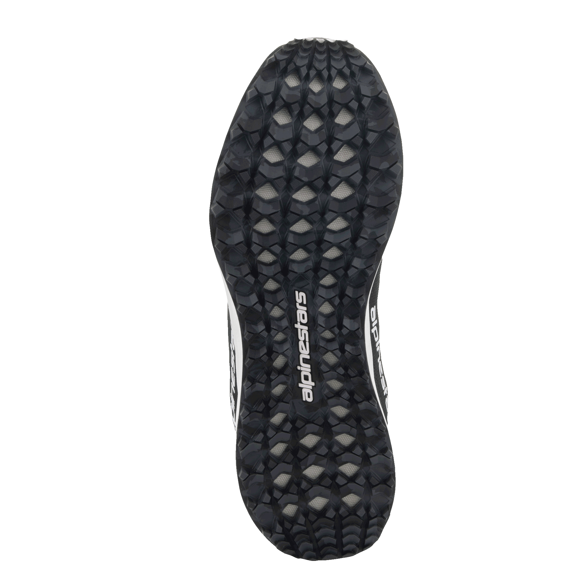 Alpinestars Meta Road V2 Schuhe, Unteransicht der Außensohle, schwarz-graues Noppenprofil im Camouflage-Stil, weißes Alpinestars-Wortmarken-Logo, strapazierfähige Gummisohle für Traktion auf verschiedenem Gelände