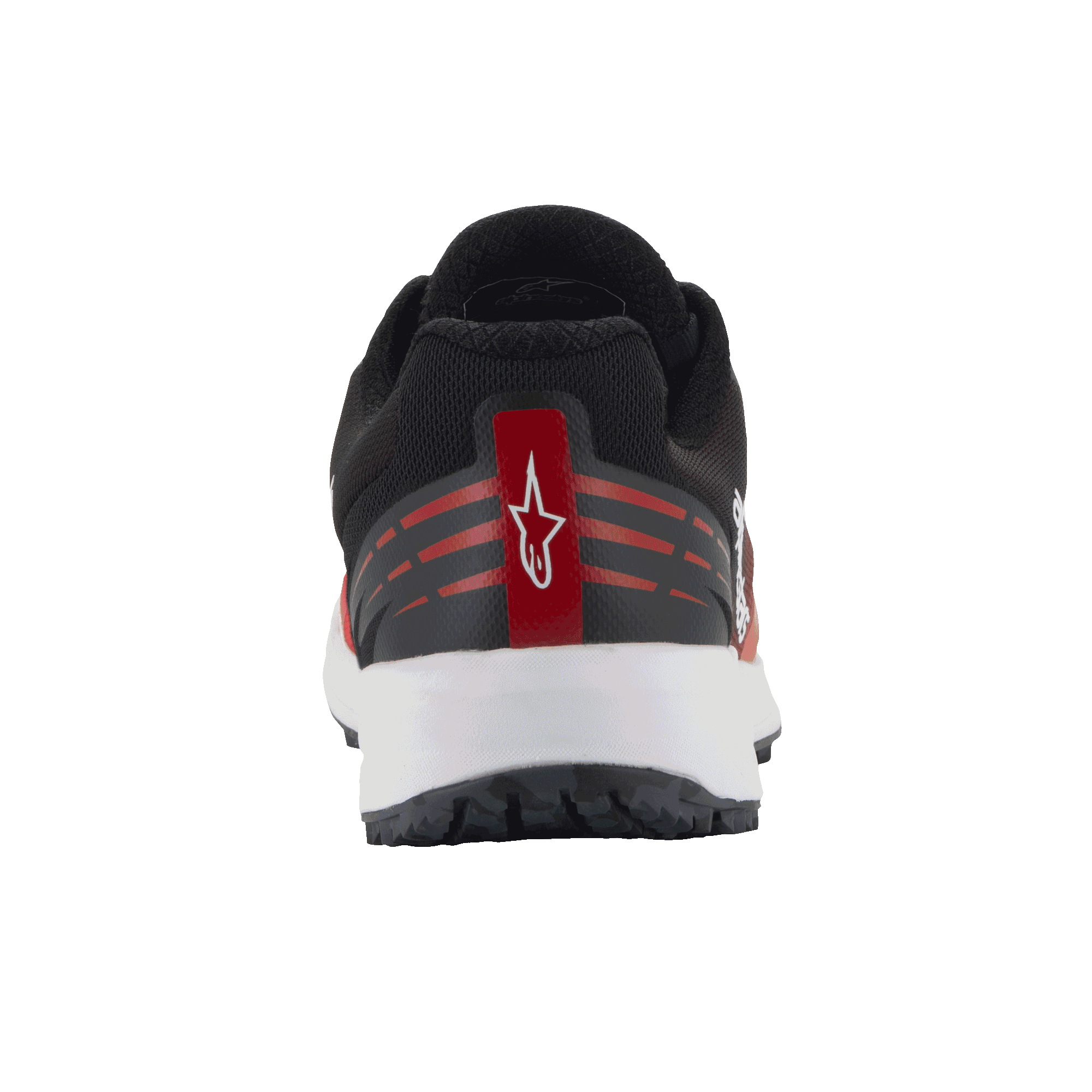 Alpinestars Meta Road V2 Shoes, Sportswear Shoes, Red Black and White, rear view showing heel detail with white Astars logo on a red stripe, horizontal red accents, black mesh upper and white midsole