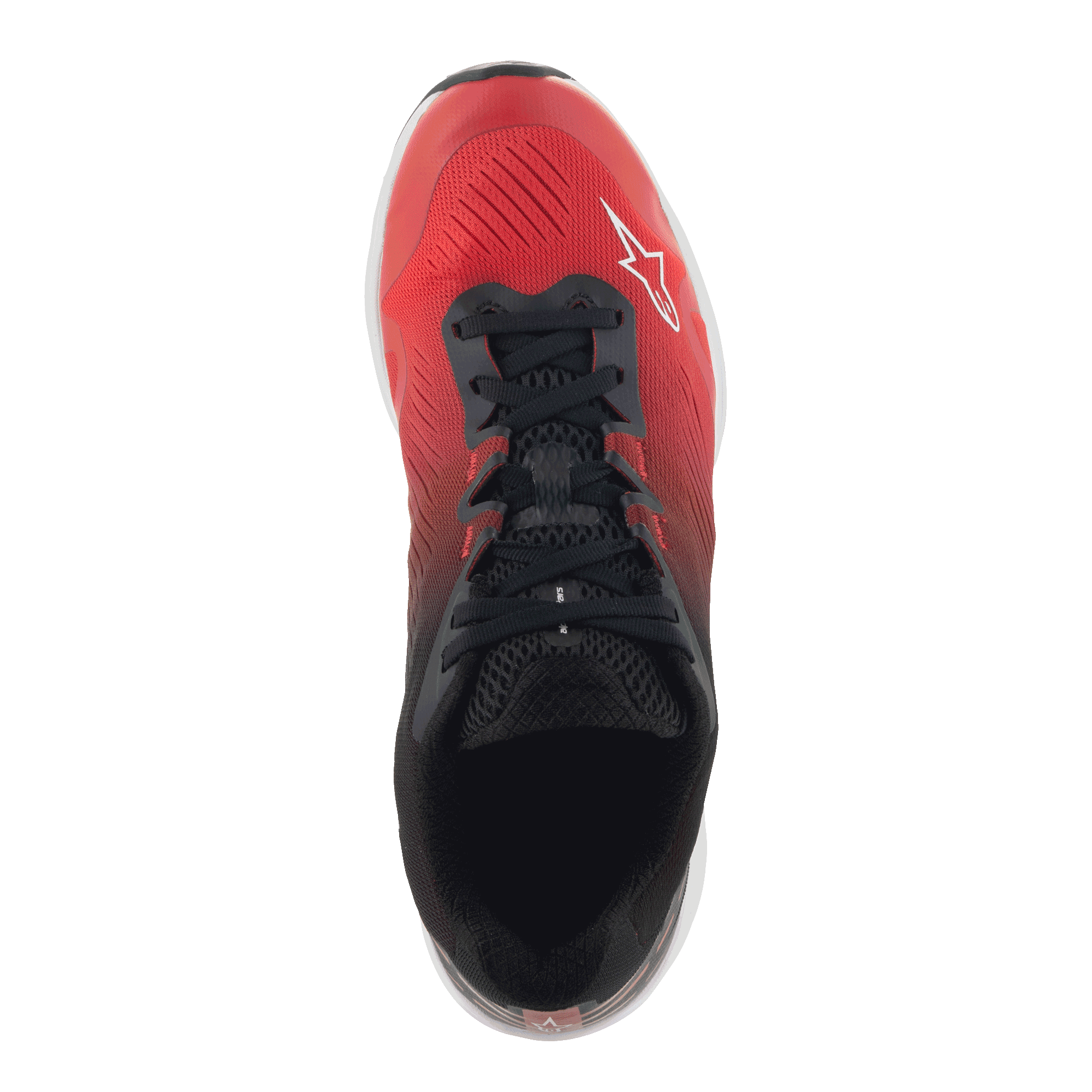 Alpinestars Meta Road V2 Shoes, Sportswear Shoes, Red Black and White, top-down view featuring a red to black gradient, black laces, and white Alpinestars logo, designed for all-day comfort and race-team workwear