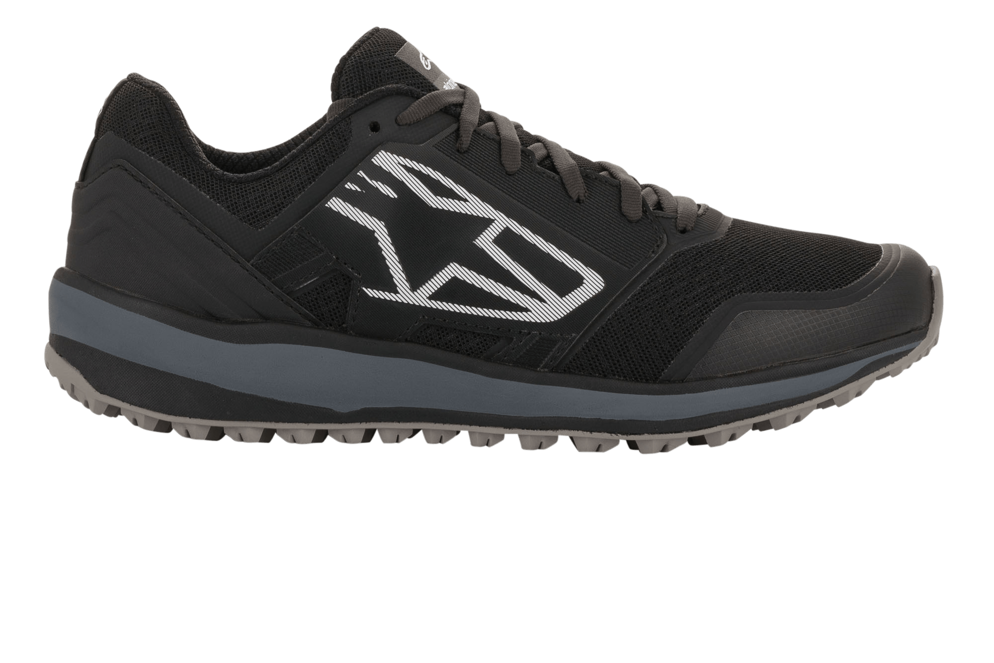 Alpinestars Meta Trail Shoes, Performance Running Shoes, Black and Dark Gray, side profile featuring a large white geometric Astars logo, mesh upper with gray midsole and lugged rubber sole, casual motorsport paddock footwear