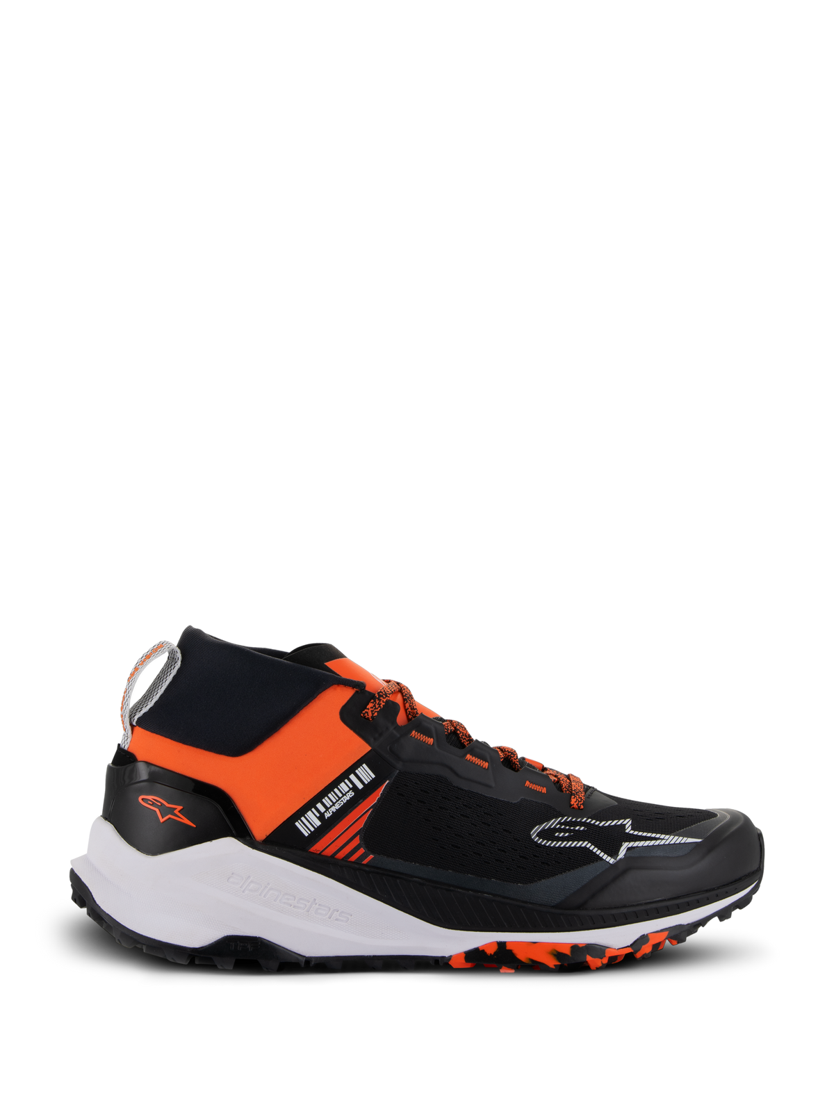 Alpinestars Meta XR V2 Shoes, Sport-Casual Sneakers, Black and Orange, featuring a single-piece mesh upper, thick white midsole with Alpinestars branding, and marbled rubber outsole, lightweight athletic design engineered for all-day comfort and off-road grip