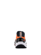 Alpinestars Meta XR V2 Shoes, Sport Casual Shoes, Black Orange and White, rear view featuring a rugged rubber sole, white midsole, and orange upper with a heel pull tab and small Alpinestars logo.