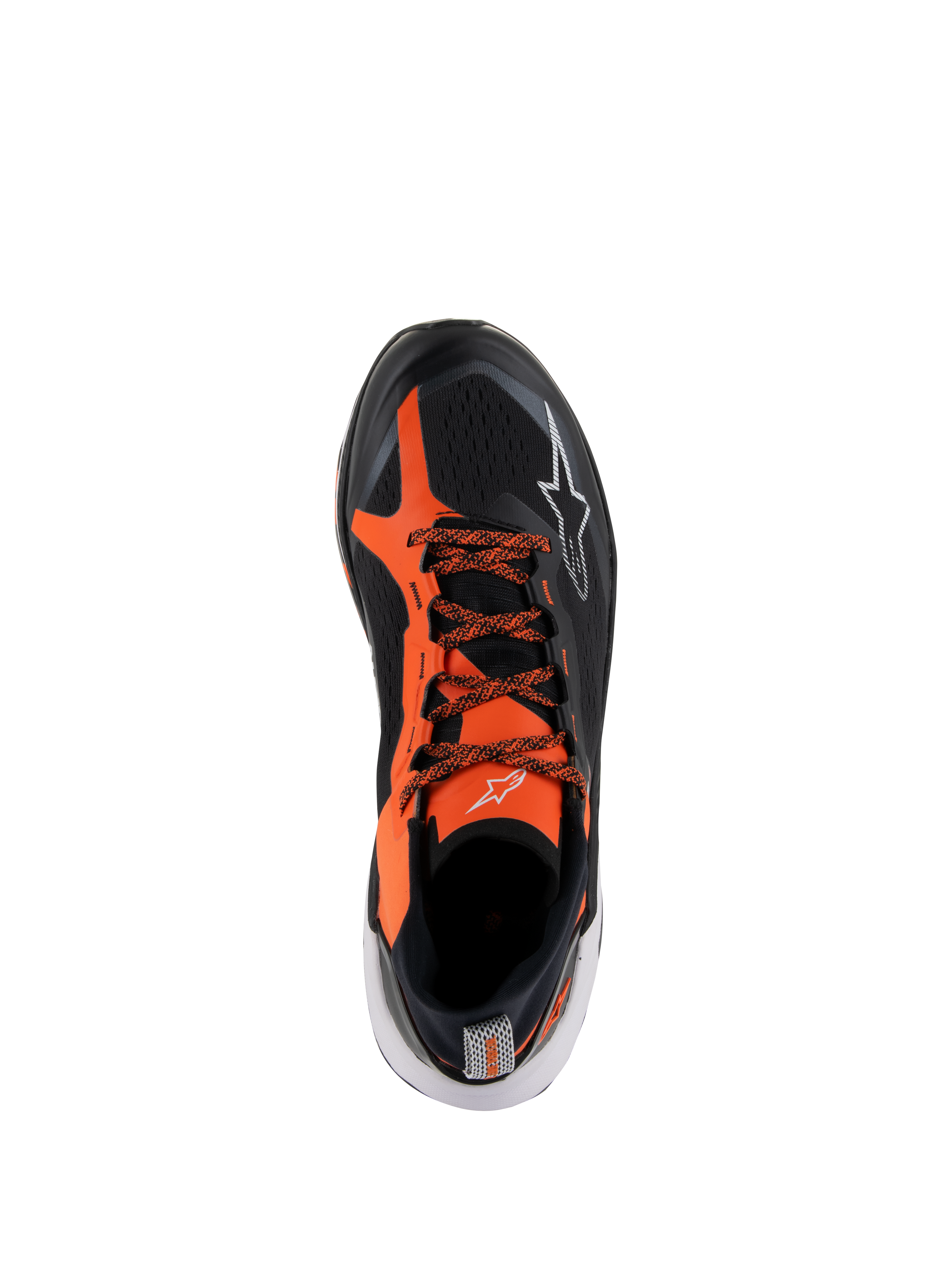 Alpinestars Meta XR V2 Shoes, Sport Casual Shoes, Black Orange and White, top-down view featuring a black technical mesh upper with vibrant orange overlays, patterned laces, and white logo details, designed for all-day comfort and stability.