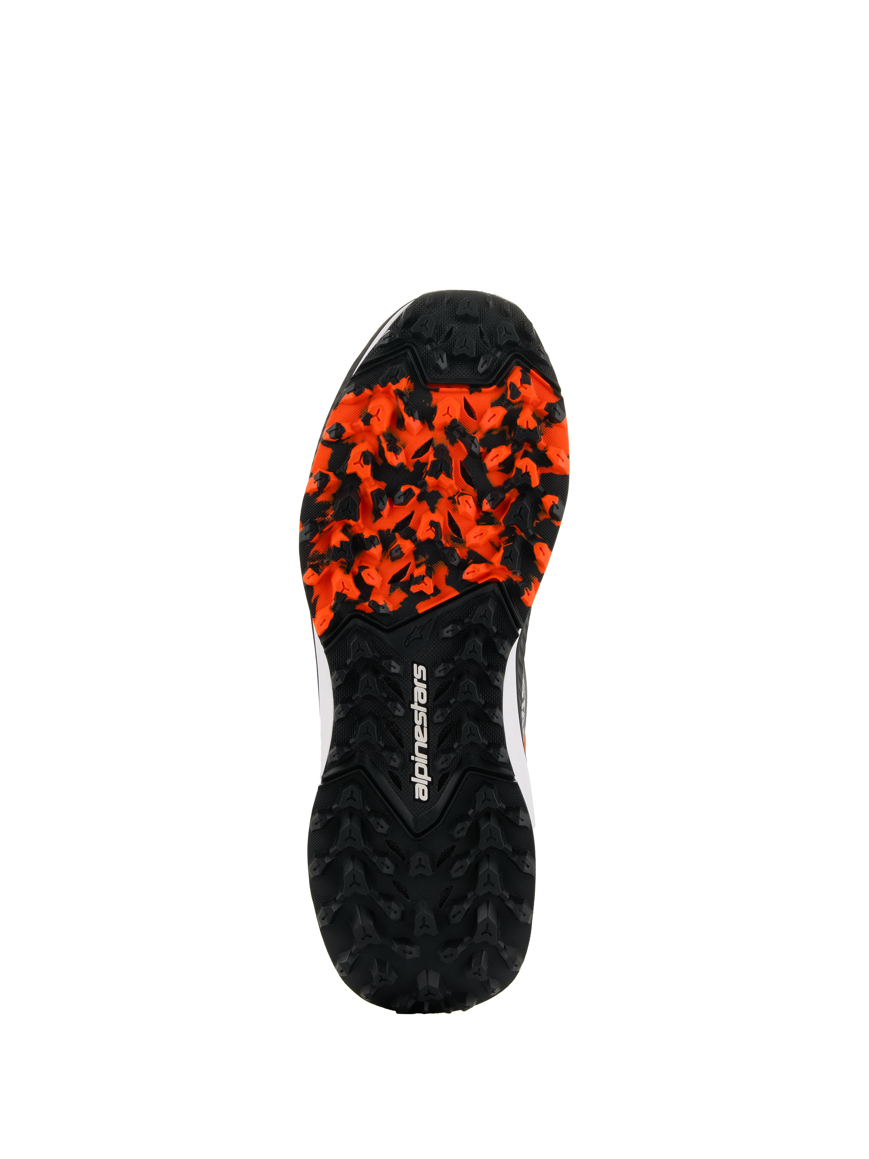 Alpinestars Meta XR V2 Shoes, rugged rubber outsole, Black and Orange, featuring high-traction lug pattern for dirty surfaces, white Alpinestars logo, oil-resistant and anatomically optimized for off-road grip