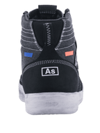Alpinestars Ageless Motorradschuhe, Motorradschuhe, Schwarz und Cool Gray, Rückansicht mit dunkelgrauem Canvas und weißen Nähten, schwarze Wildlederferse mit weißem Branding, blaue und orangefarbene Akzente, lässiges urbanes Design mit weißer Sohle