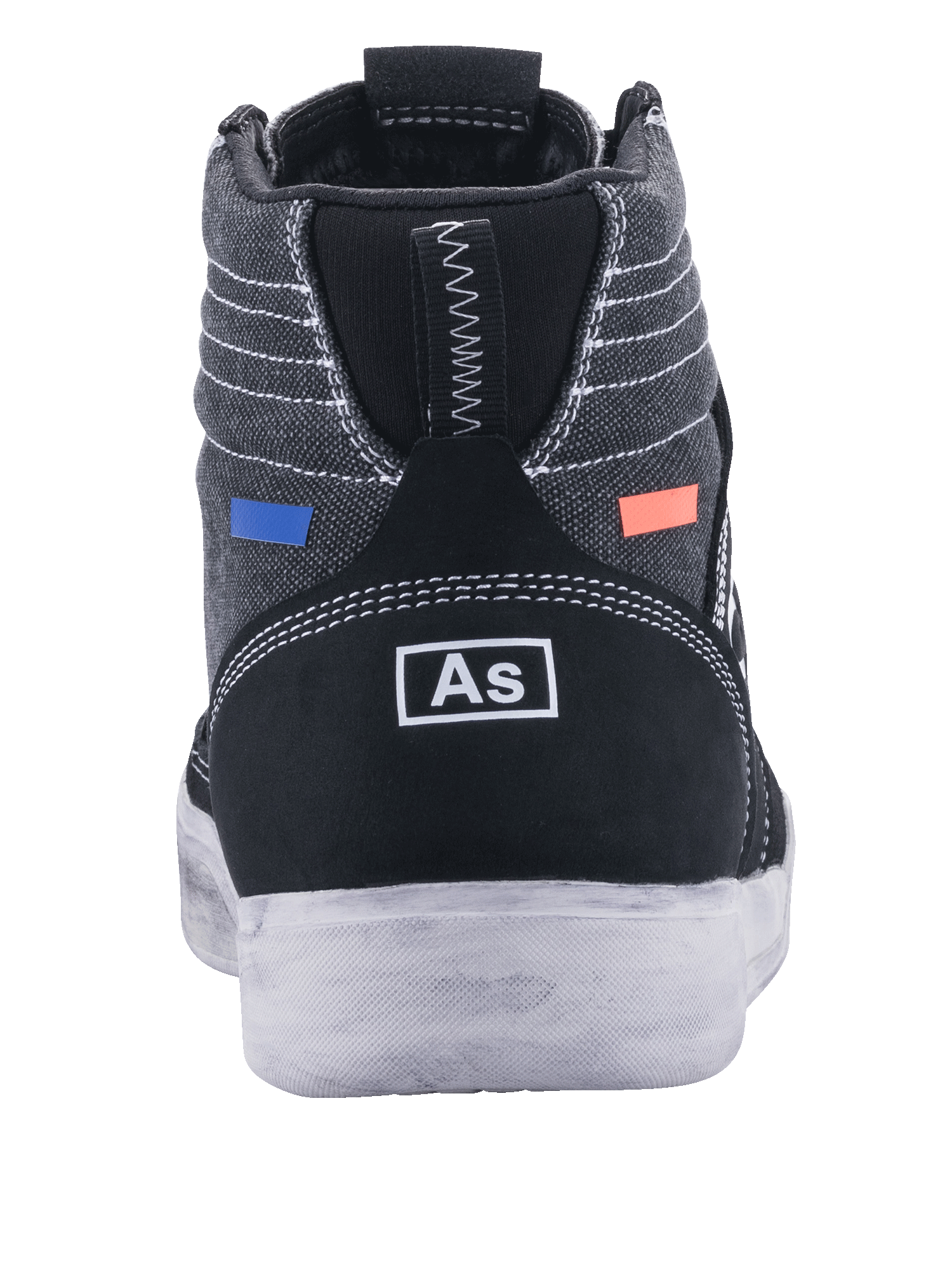 Alpinestars Ageless Motorradschuhe, Motorradschuhe, Schwarz und Cool Gray, Rückansicht mit dunkelgrauem Canvas und weißen Nähten, schwarze Wildlederferse mit weißem Branding, blaue und orangefarbene Akzente, lässiges urbanes Design mit weißer Sohle