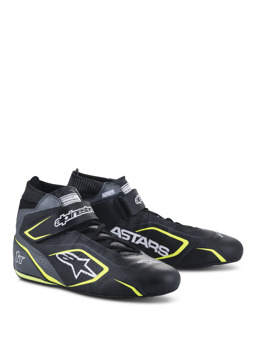 Alpinestars Tech-1 T V3 Schuhe FIA, Auto-Rennschuhe, Schwarz, Cool Gray und Gelb Fluo, Volllederkonstruktion mit Klettverschluss, fluoreszierende gelbe Akzente, markantes weißes Branding einschließlich Alpinestars und ASTARS Logos, professionelles Motorsport-Design