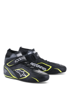 Alpinestars Tech-1 T V3 Schuhe FIA, Auto-Rennschuhe, Schwarz, Cool Gray und Gelb Fluo, Volllederkonstruktion mit Klettverschluss, fluoreszierende gelbe Akzente, markantes weißes Branding einschließlich Alpinestars und ASTARS Logos, professionelles Motorsport-Design