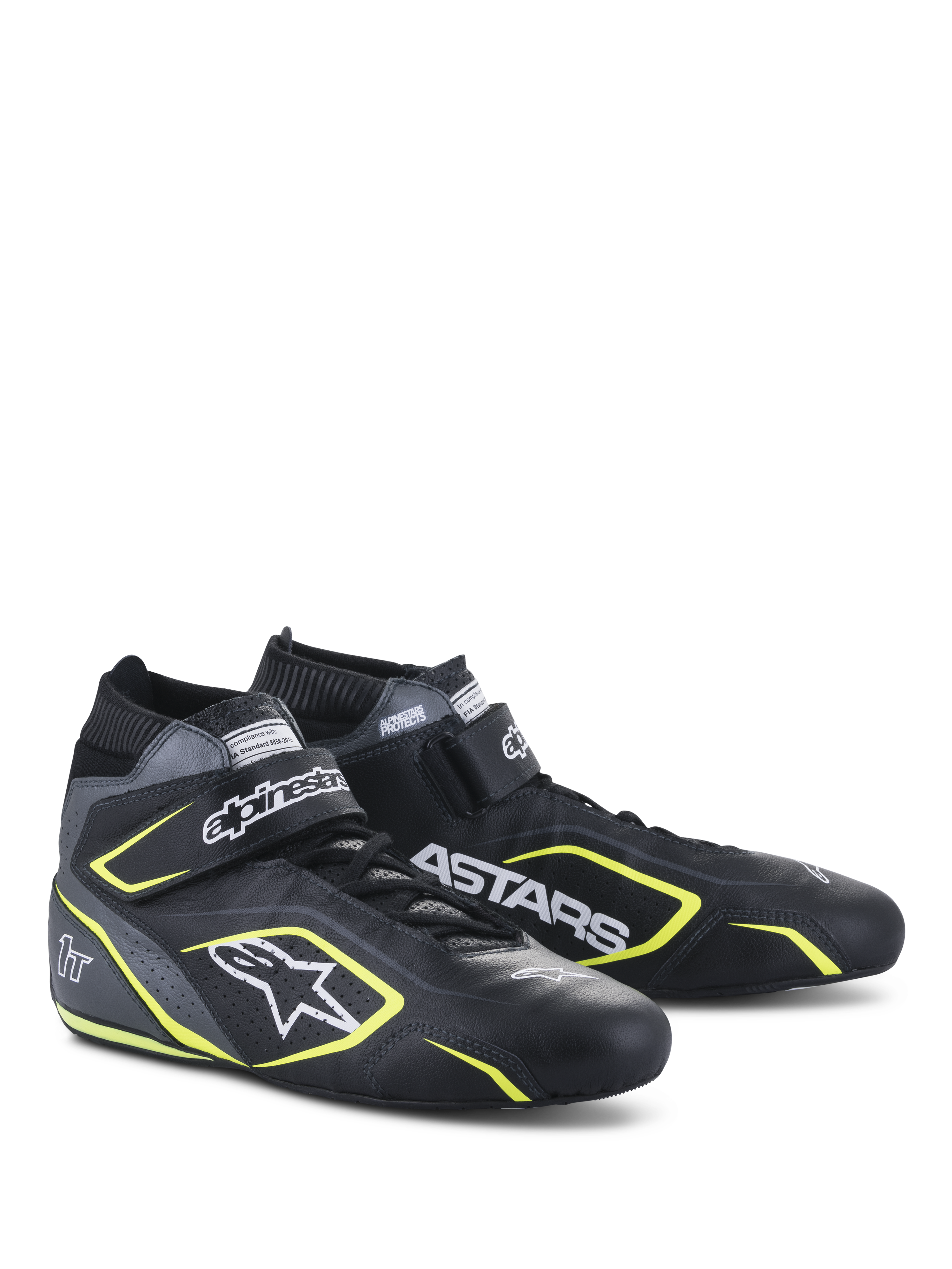 Alpinestars Tech-1 T V3 Schuhe FIA, Auto-Rennschuhe, Schwarz, Cool Gray und Gelb Fluo, Volllederkonstruktion mit Klettverschluss, fluoreszierende gelbe Akzente, markantes weißes Branding einschließlich Alpinestars und ASTARS Logos, professionelles Motorsport-Design