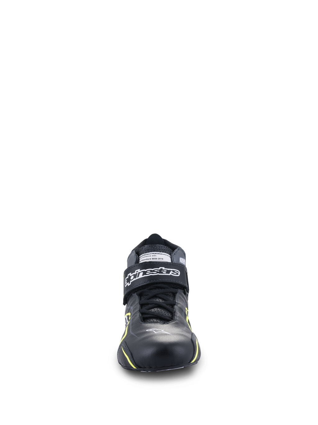 Alpinestars Tech-1 T V3 Schuhe FIA, Auto-Rennschuhe, Schwarz mit neongelben Akzenten, Vorderansicht, Volllederkonstruktion mit Klettverschluss am Knöchel, weißes Alpinestars-Logo, technisches Design für Hochleistungsfahrten