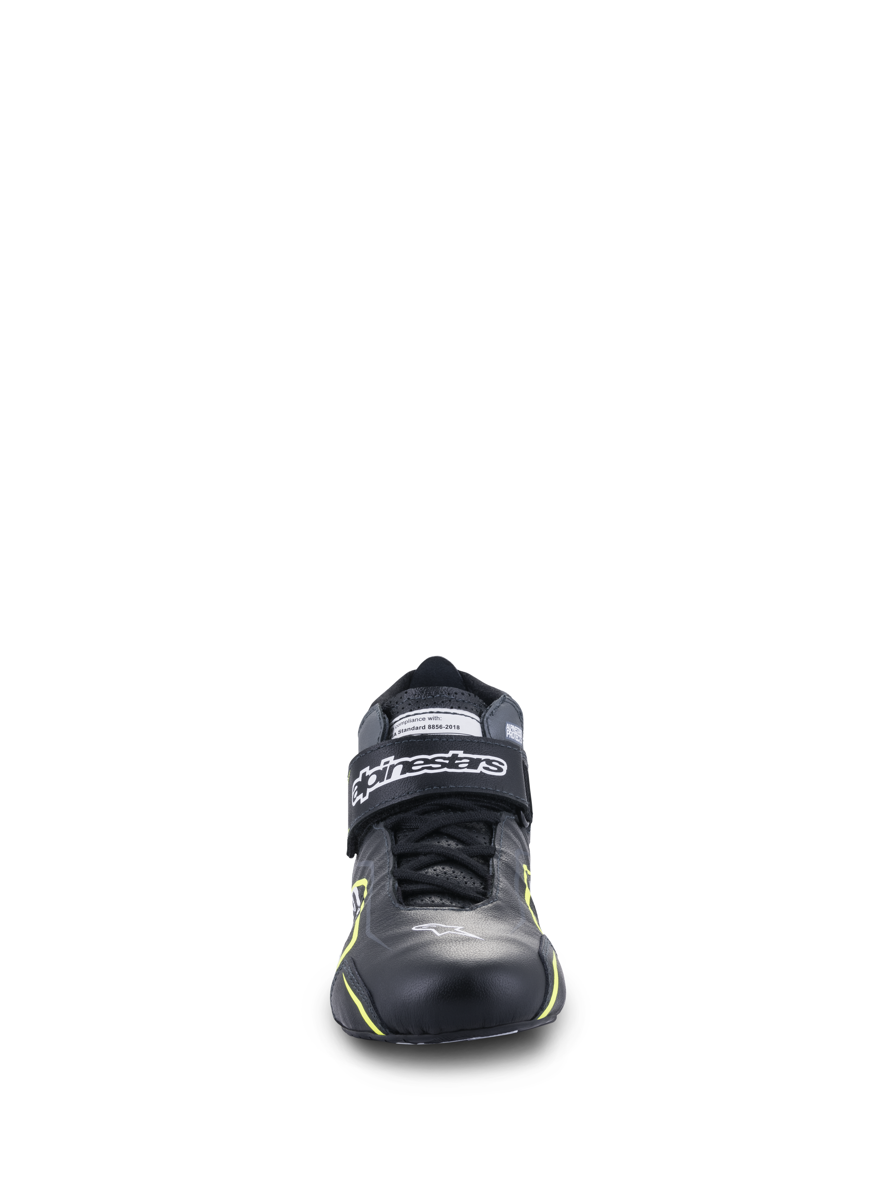 Alpinestars Tech-1 T V3 Schuhe FIA, Auto-Rennschuhe, Schwarz mit neongelben Akzenten, Vorderansicht, Volllederkonstruktion mit Klettverschluss am Knöchel, weißes Alpinestars-Logo, technisches Design für Hochleistungsfahrten