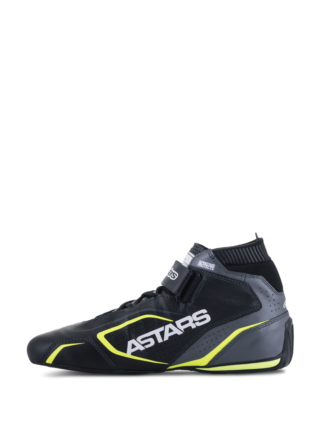 Alpinestars Tech-1 T V3 Schuhe FIA, Auto-Rennschuhe, Schwarz, Cool Gray und Gelb Fluo, Seitenprofilansicht zeigt Lederkonstruktion, weißes ASTARS-Branding, elastischer feuerfester Kragen und leuchtend gelbe Akzente.