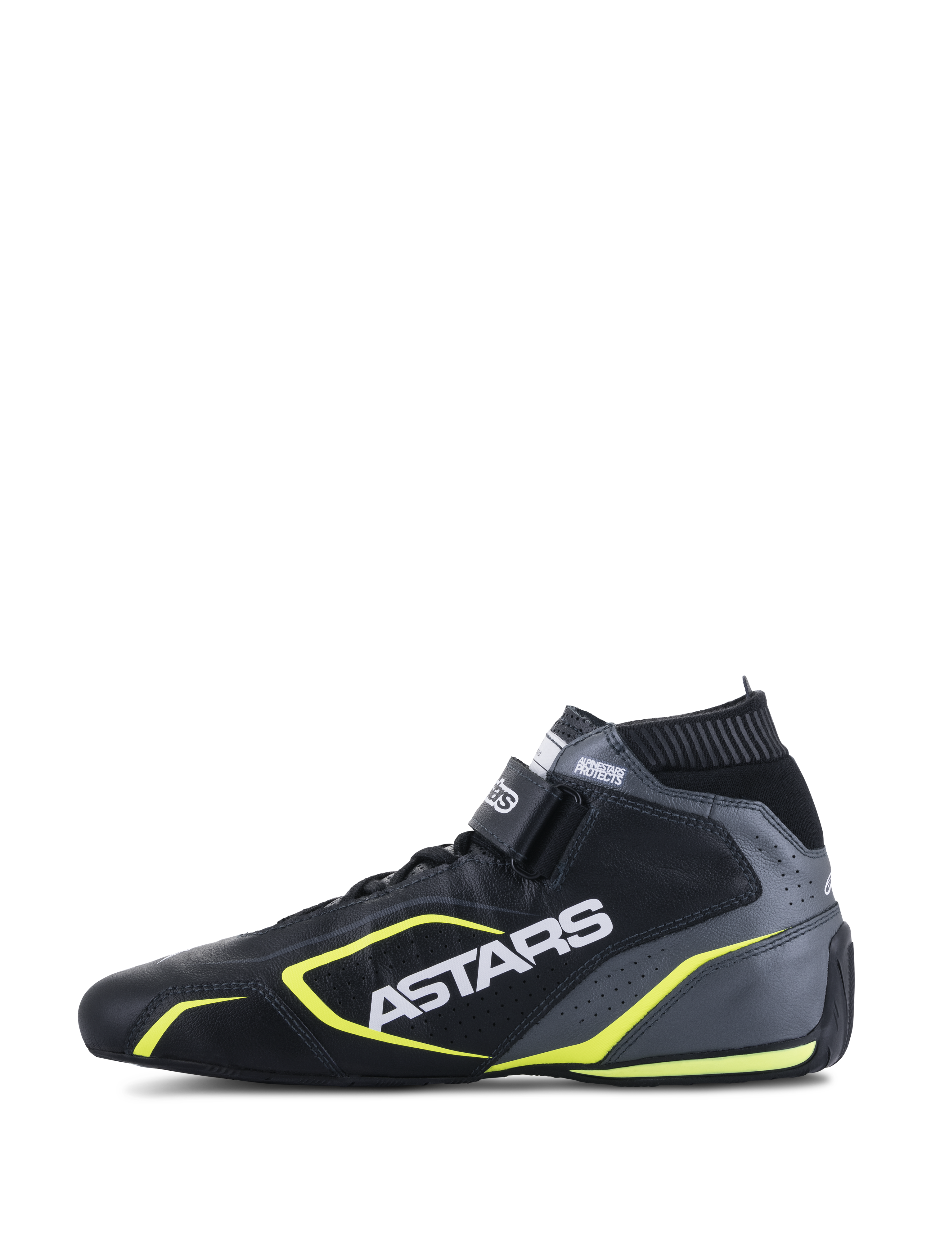 Alpinestars Tech-1 T V3 Schuhe FIA, Auto-Rennschuhe, Schwarz, Cool Gray und Gelb Fluo, Seitenprofilansicht zeigt Lederkonstruktion, weißes ASTARS-Branding, elastischer feuerfester Kragen und leuchtend gelbe Akzente.