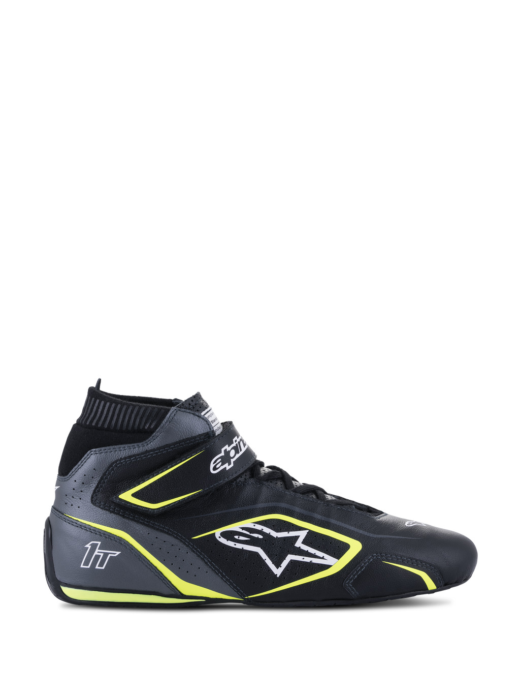 Alpinestars Tech-1 T V3 FIA Rennschuhe, Schwarz und Cool Gray mit neongelben Akzenten, High-Top Motorsport-Schuhe, Konstruktion aus perforiertem Rindsleder, Knöchel-Klettverschluss mit Schnürsenkeln, weißes Logo und 1T-Branding, FIA 8856-2018 zertifiziert für den Automobilsport