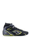 Alpinestars Tech-1 T V3 FIA Rennschuhe, Schwarz und Cool Gray mit neongelben Akzenten, High-Top Motorsport-Schuhe, Konstruktion aus perforiertem Rindsleder, Knöchel-Klettverschluss mit Schnürsenkeln, weißes Logo und 1T-Branding, FIA 8856-2018 zertifiziert für den Automobilsport