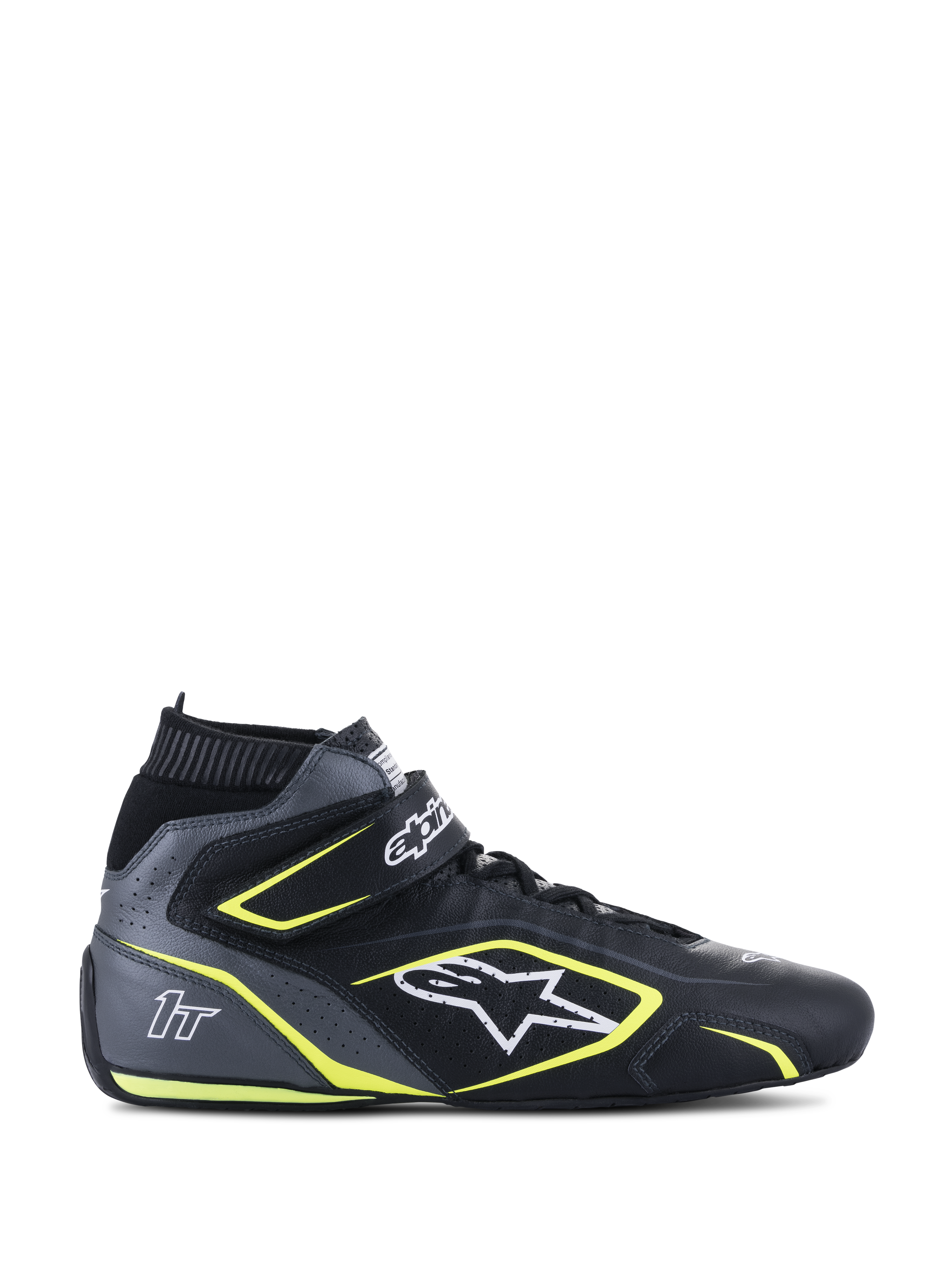 Alpinestars Tech-1 T V3 FIA Rennschuhe, Schwarz und Cool Gray mit neongelben Akzenten, High-Top Motorsport-Schuhe, Konstruktion aus perforiertem Rindsleder, Knöchel-Klettverschluss mit Schnürsenkeln, weißes Logo und 1T-Branding, FIA 8856-2018 zertifiziert für den Automobilsport