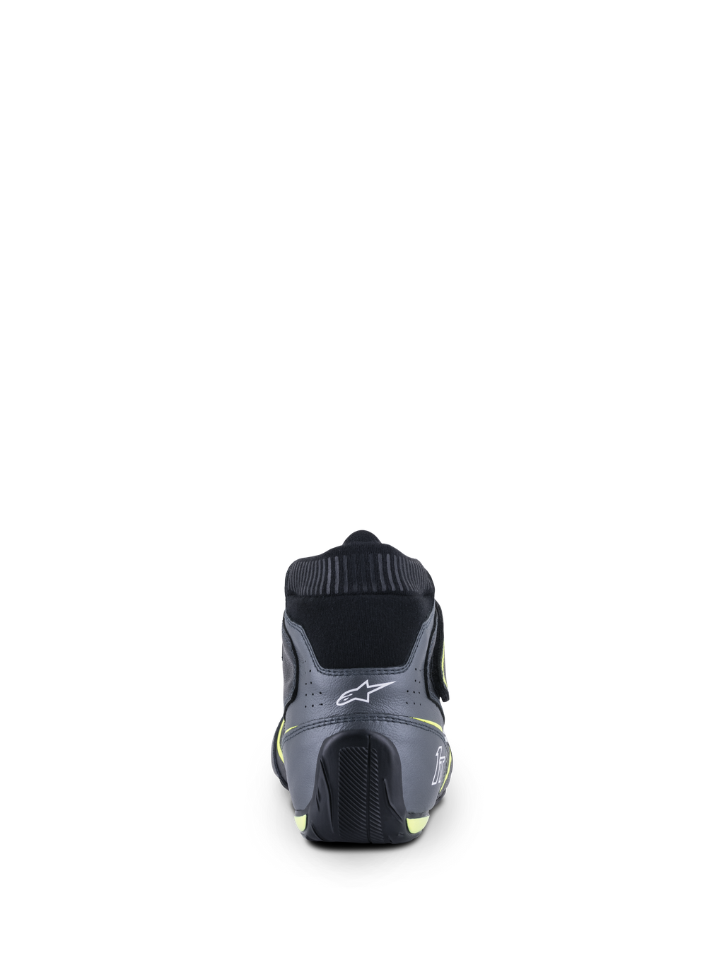 Alpinestars Tech-1 T V3 Schuhe FIA, Autorennschuhe, Schwarz, Cool Gray und Gelb Fluo, Rückansicht mit weißem Stern-Logo an der Ferse und feuerfestem elastischem Kragen