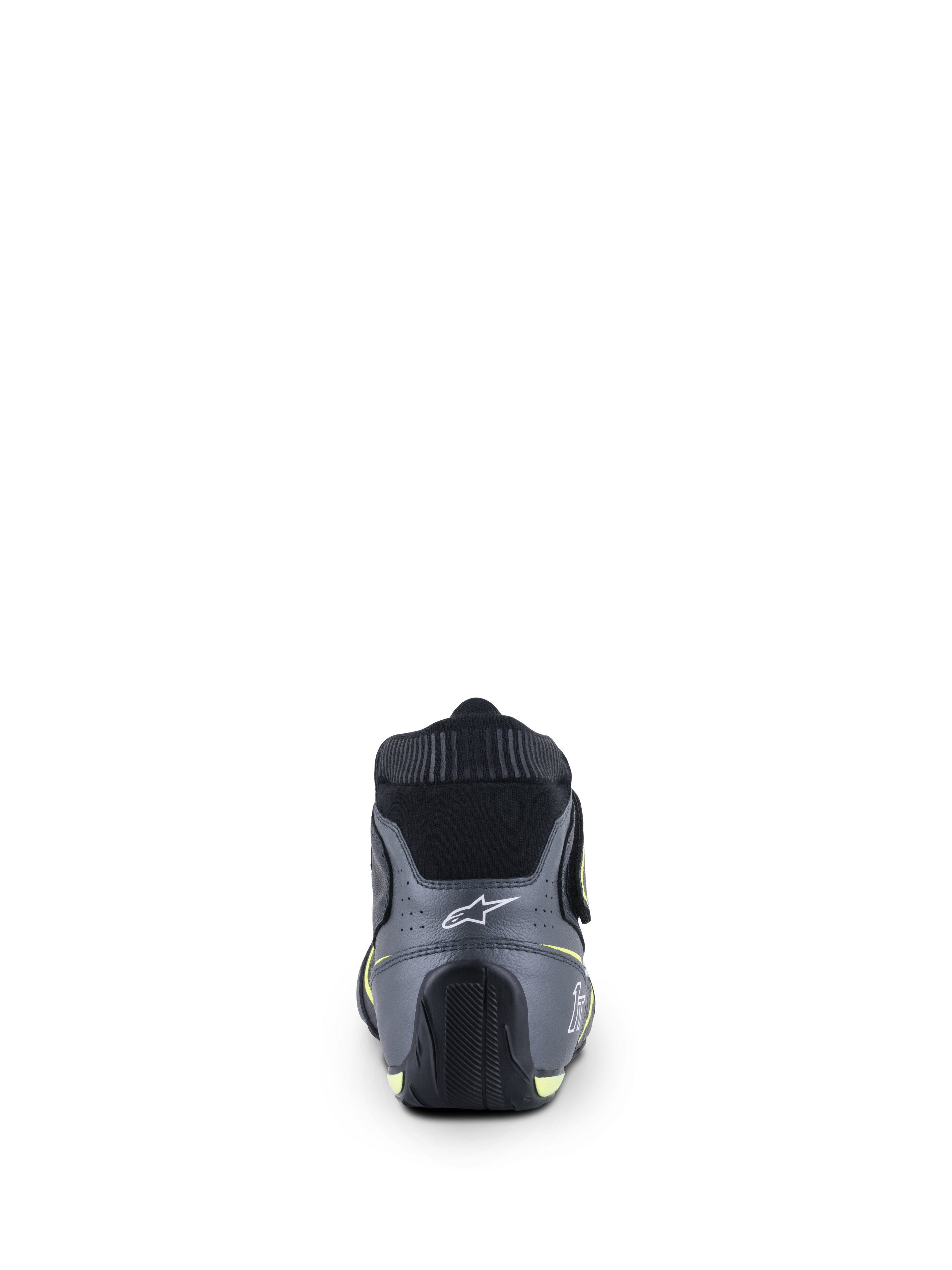 Alpinestars Tech-1 T V3 Schuhe FIA, Autorennschuhe, Schwarz, Cool Gray und Gelb Fluo, Rückansicht mit weißem Stern-Logo an der Ferse und feuerfestem elastischem Kragen