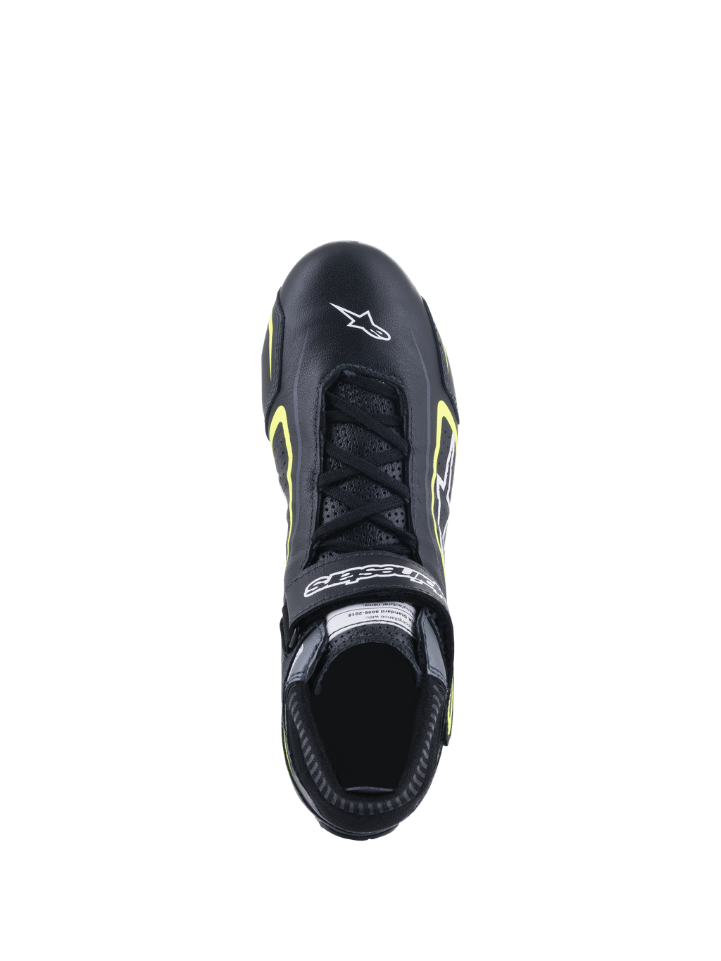 Alpinestars Tech-1 T V3 Schuhe FIA, Auto-Rennschuhe, Schwarz und Gelb Fluo, Draufsicht zeigt Lederkonstruktion, Schnürverschluss und weißes Alpinestars-Branding auf der Zehenpartie.