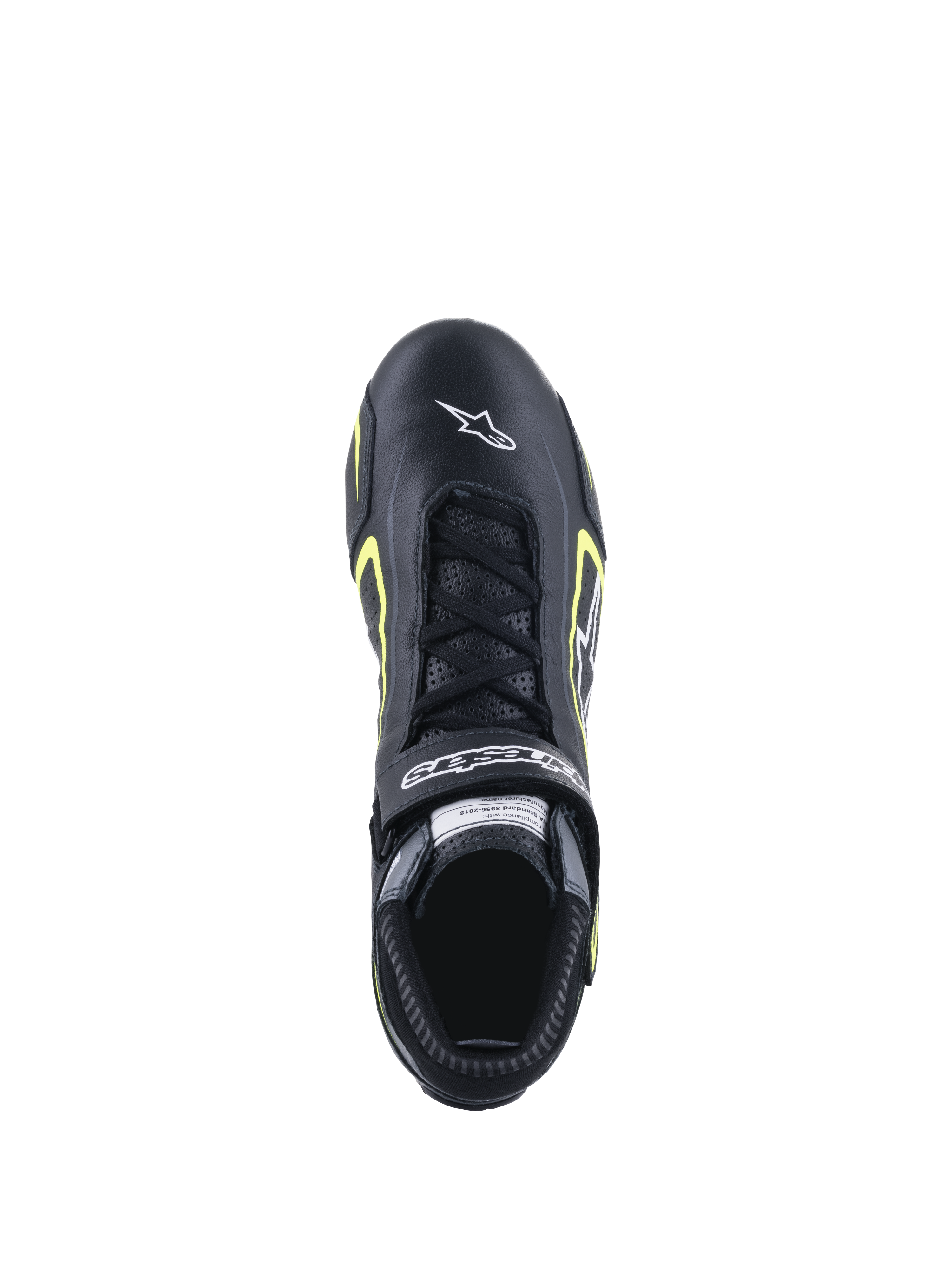 Alpinestars Tech-1 T V3 Schuhe FIA, Auto-Rennschuhe, Schwarz und Gelb Fluo, Draufsicht zeigt Lederkonstruktion, Schnürverschluss und weißes Alpinestars-Branding auf der Zehenpartie.