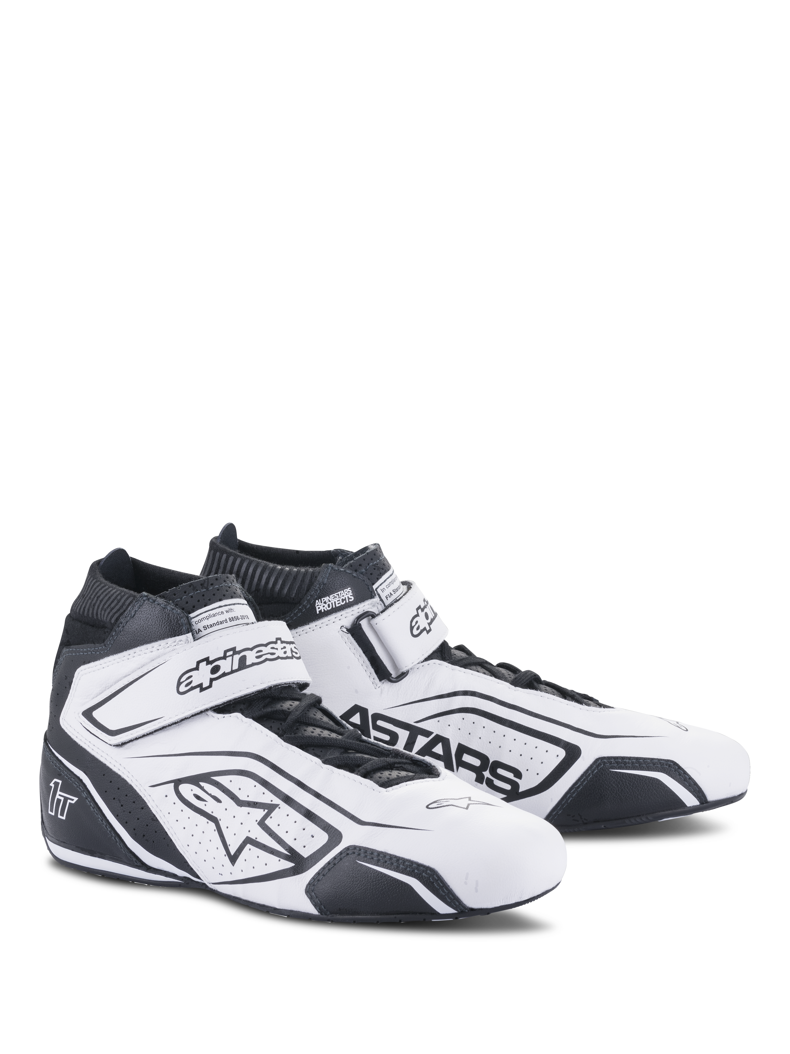 Alpinestars Tech-1 T V3 Shoes FIA, White and Black Racing Shoes, professional motorsport footwear, FIA certified, high-top leather design with perforated ventilation, hook and loop ankle strap, and bold black Astars branding.