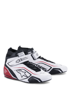 Alpinestars Tech-1 T V3 Schuhe FIA, Autorennschuhe, Weiß mit schwarzen und roten Akzenten, Obermaterial aus Vollleder, verstellbarer Klettverschluss am Knöchel, perforierte Seitenpaneele mit Astars-Logo, professionelles Renndesign