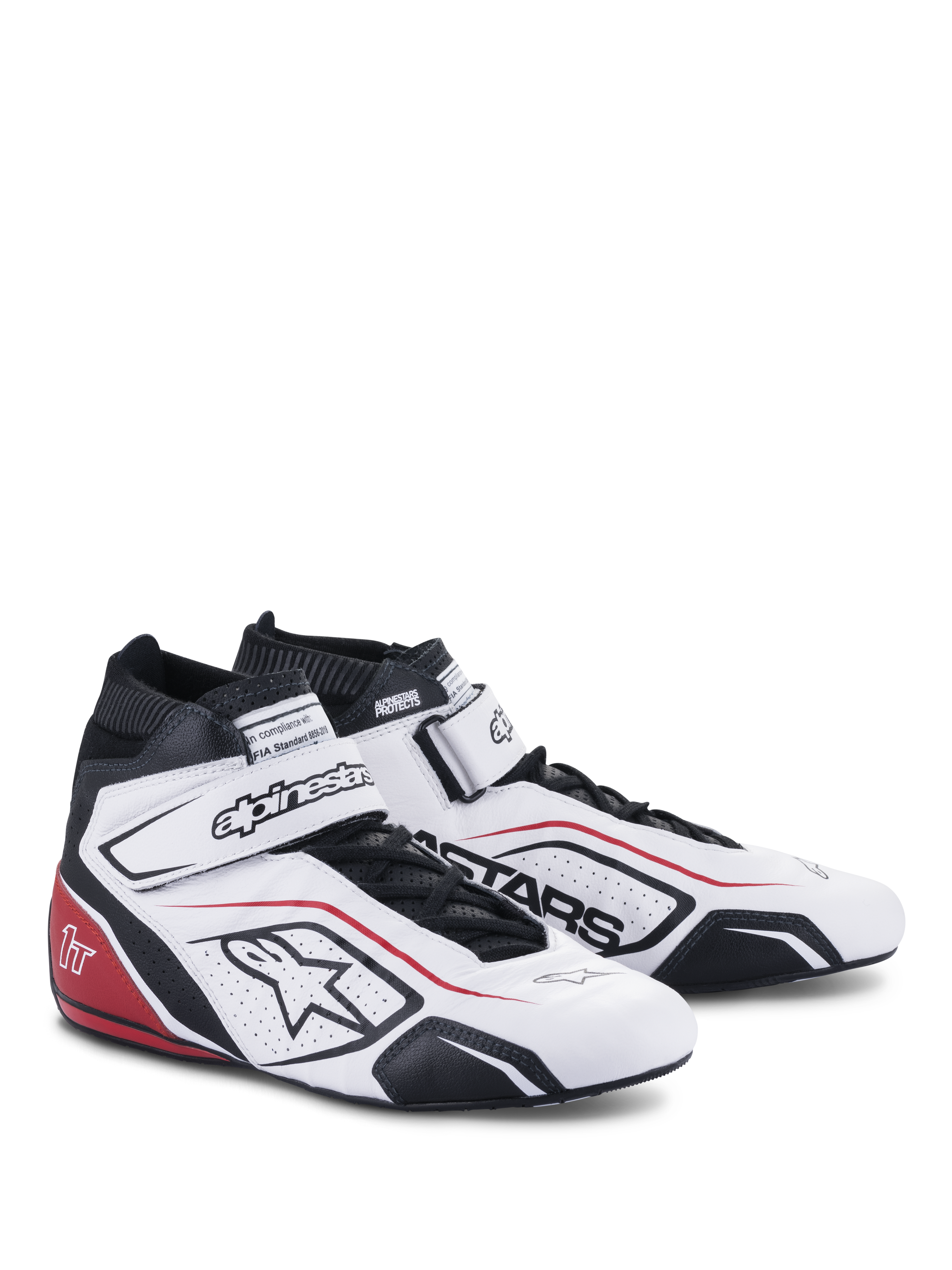 Alpinestars Tech-1 T V3 Schuhe FIA, Autorennschuhe, Weiß mit schwarzen und roten Akzenten, Obermaterial aus Vollleder, verstellbarer Klettverschluss am Knöchel, perforierte Seitenpaneele mit Astars-Logo, professionelles Renndesign