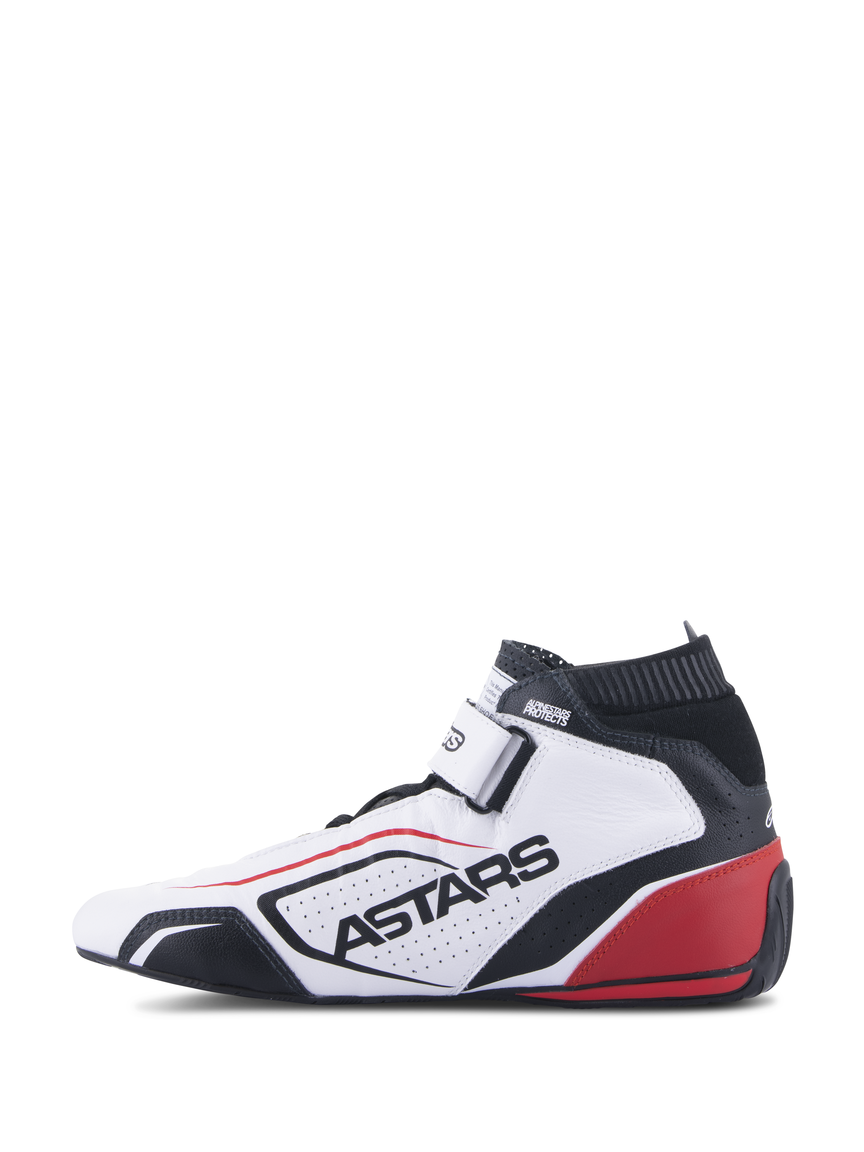 Alpinestars Tech-1 T V3 Schuhe FIA, professionelle Rennsportschuhe, Weiß, Schwarz und Rot, Seitenansicht mit ASTARS-Branding auf perforiertem Leder, schwarzem feuerfestem Kragen und roten Fersen-Highlights, Performance-Motorsport-Design.
