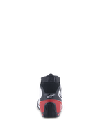 Alpinestars Tech-1 T V3 Schuhe FIA, Autorennschuhe, Weiß, Schwarz und Rot, Rückansicht mit roter Fersenkappe und schwarzer strukturierter Außensohle, weißes Alpinestars-Logo auf schwarzem Oberleder