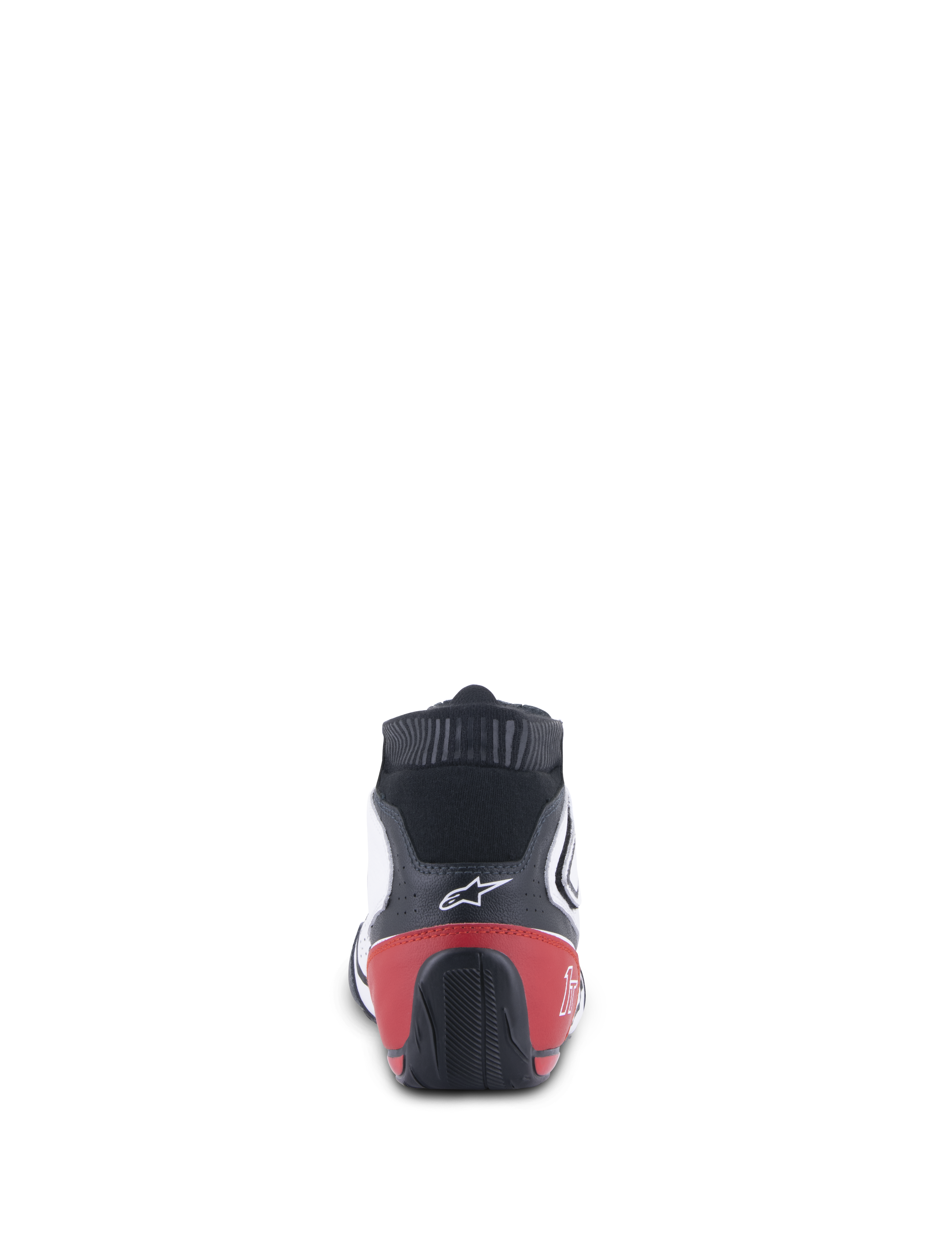 Alpinestars Tech-1 T V3 Schuhe FIA, Autorennschuhe, Weiß, Schwarz und Rot, Rückansicht mit roter Fersenkappe und schwarzer strukturierter Außensohle, weißes Alpinestars-Logo auf schwarzem Oberleder