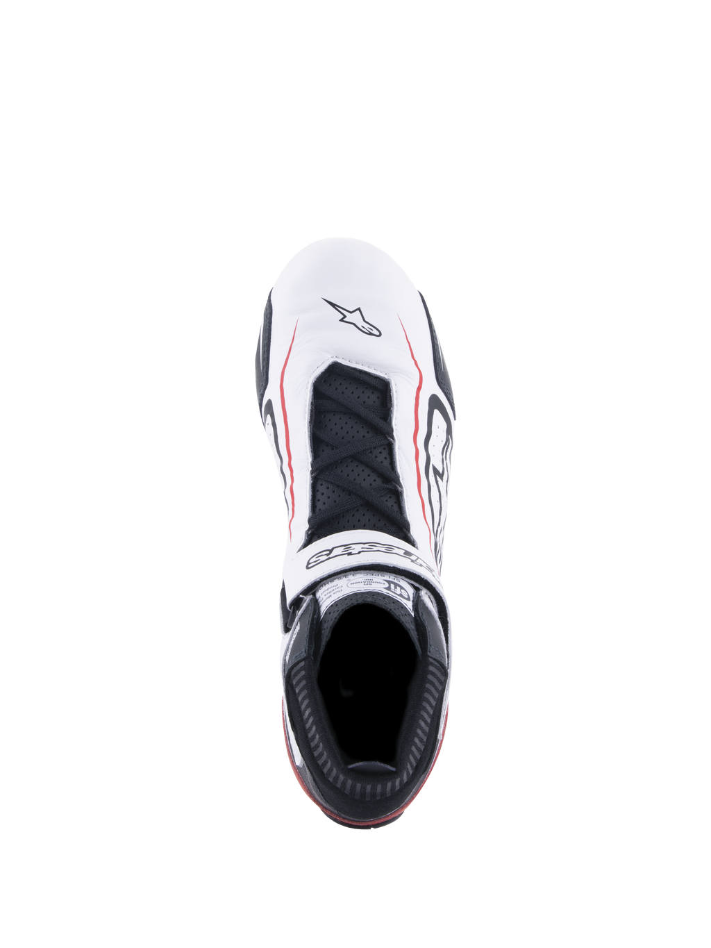 Alpinestars Tech-1 T V3 Schuhe FIA, Auto-Rennschuhe, Weiß, Schwarz und Rot, Draufsicht mit weißem Leder-Obermaterial und roten Akzentlinien, schwarzen Schnürsenkeln, markentypischem Klettverschlussriemen und SFI-Zertifizierungsetikett auf der Zunge