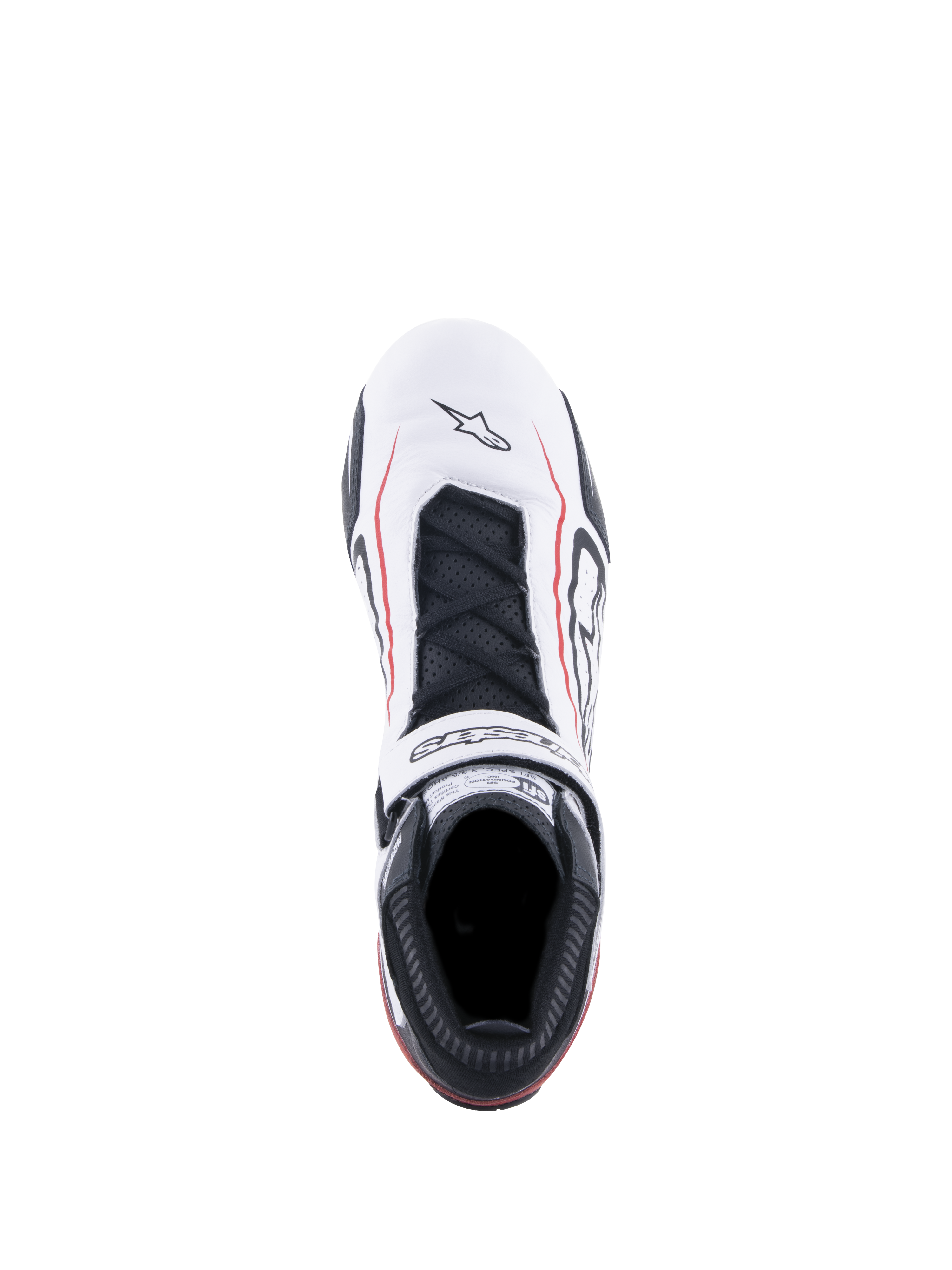 Alpinestars Tech-1 T V3 Schuhe FIA, Auto-Rennschuhe, Weiß, Schwarz und Rot, Draufsicht mit weißem Leder-Obermaterial und roten Akzentlinien, schwarzen Schnürsenkeln, markentypischem Klettverschlussriemen und SFI-Zertifizierungsetikett auf der Zunge