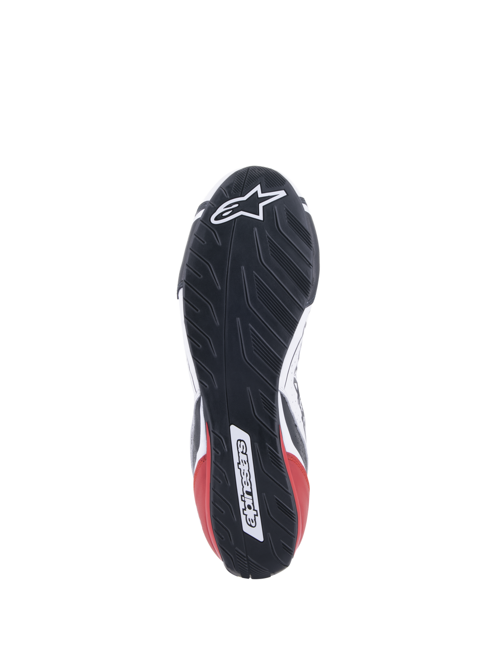 Alpinestars Tech-1 T V3 FIA Schuhe, Auto-Rennschuhe, Weiß, Schwarz und Rot, Detailansicht der asymmetrischen, vom Reifenprofil inspirierten Gummisohle, mit Alpinestars-Logo und Wortmarke, ölbeständiges und wasserabweisendes Außensohlendesign