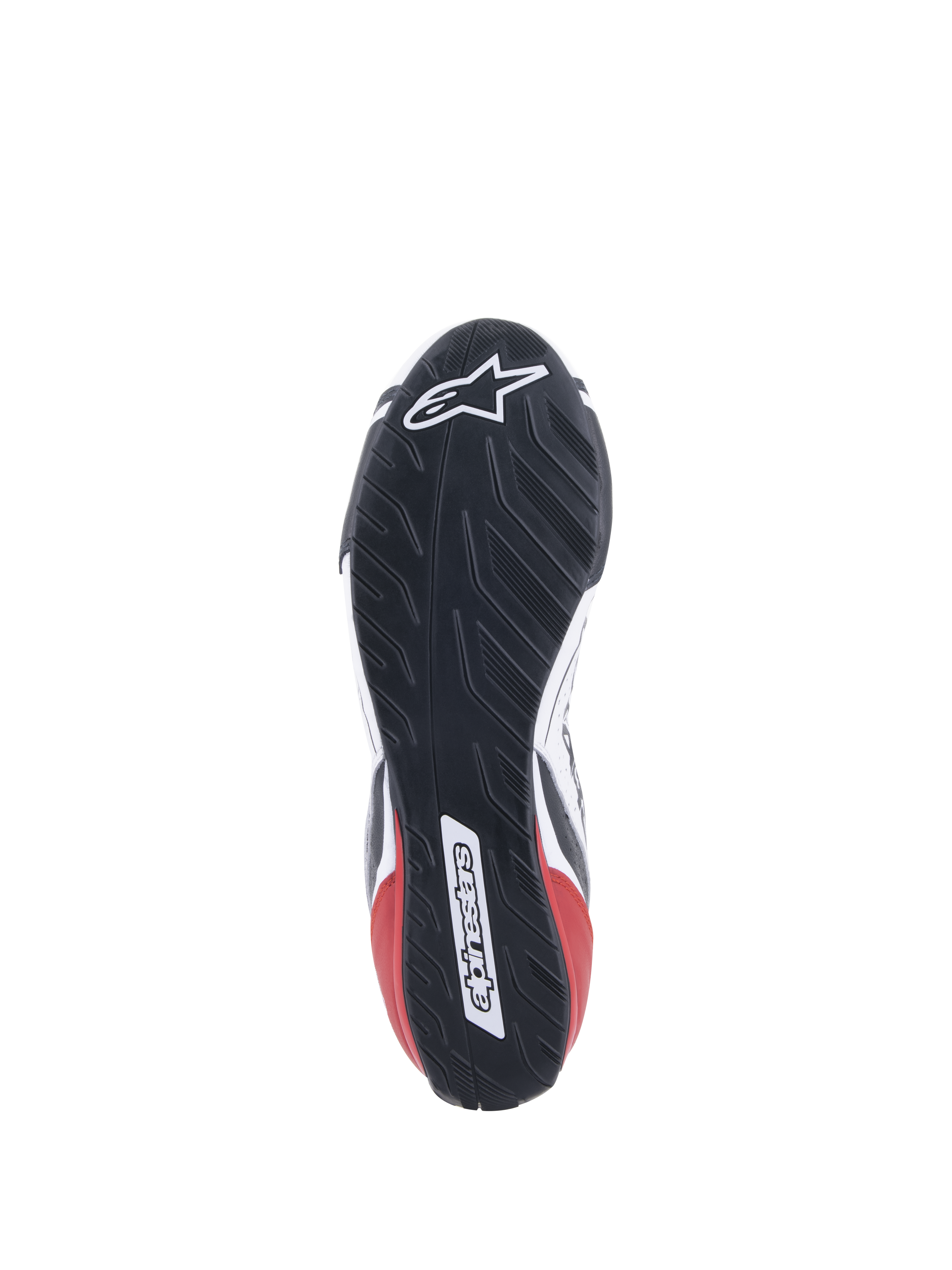 Alpinestars Tech-1 T V3 FIA Schuhe, Auto-Rennschuhe, Weiß, Schwarz und Rot, Detailansicht der asymmetrischen, vom Reifenprofil inspirierten Gummisohle, mit Alpinestars-Logo und Wortmarke, ölbeständiges und wasserabweisendes Außensohlendesign