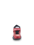 Alpinestars Tech-1 T V3 Shoes FIA, Auto Racing Shoes, Red Black and White, front-facing view showing the sleek leather design, adjustable ankle strap with white logo, and black lace closure system.