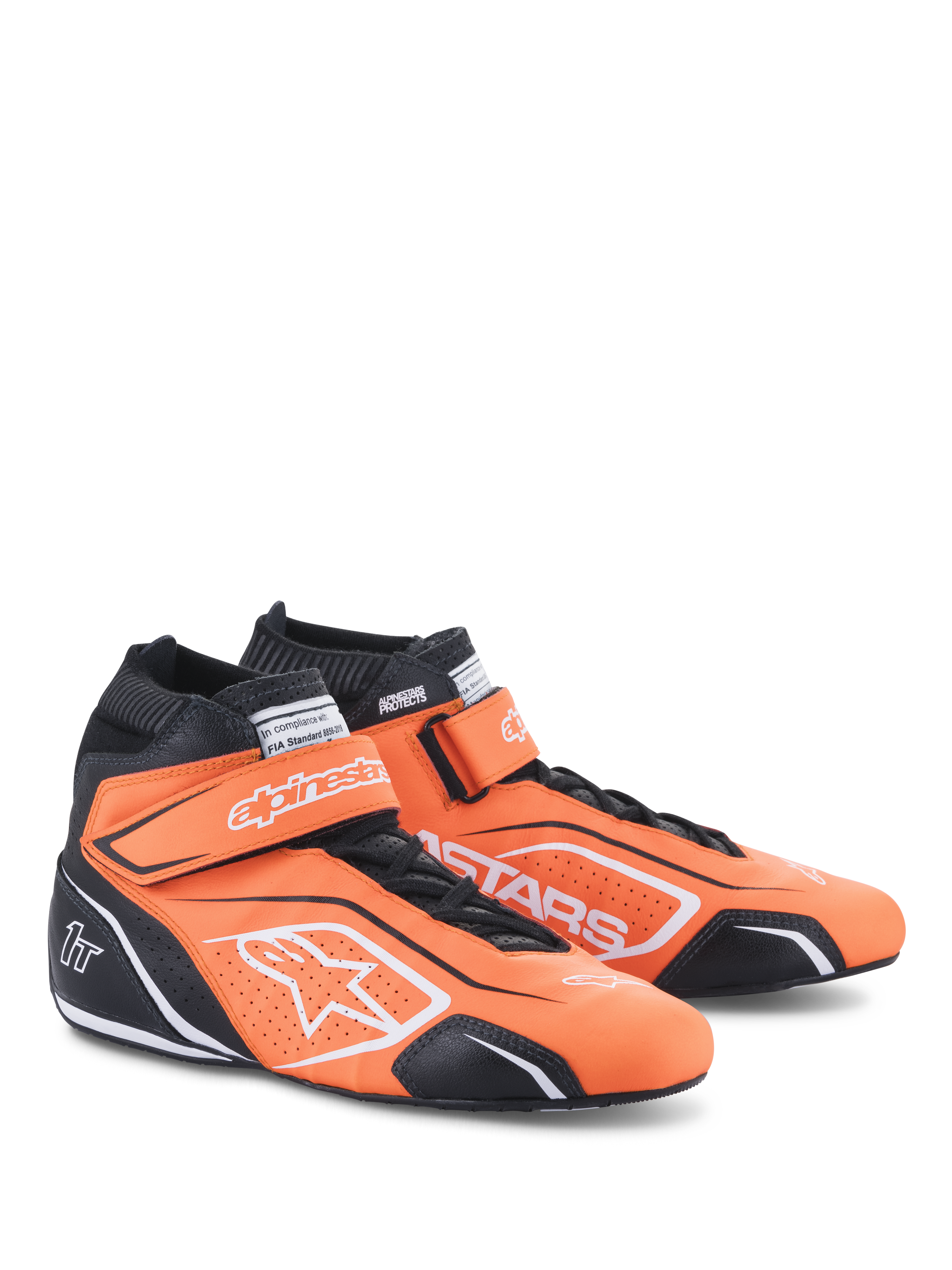 Alpinestars Tech-1 T V3 Shoes, Auto Racing Shoes, Orange Fluo Black and White, professional high-top leather footwear featuring hook and loop straps over laces, white Alpinestars logos, and black protective panels for motorsport performance.