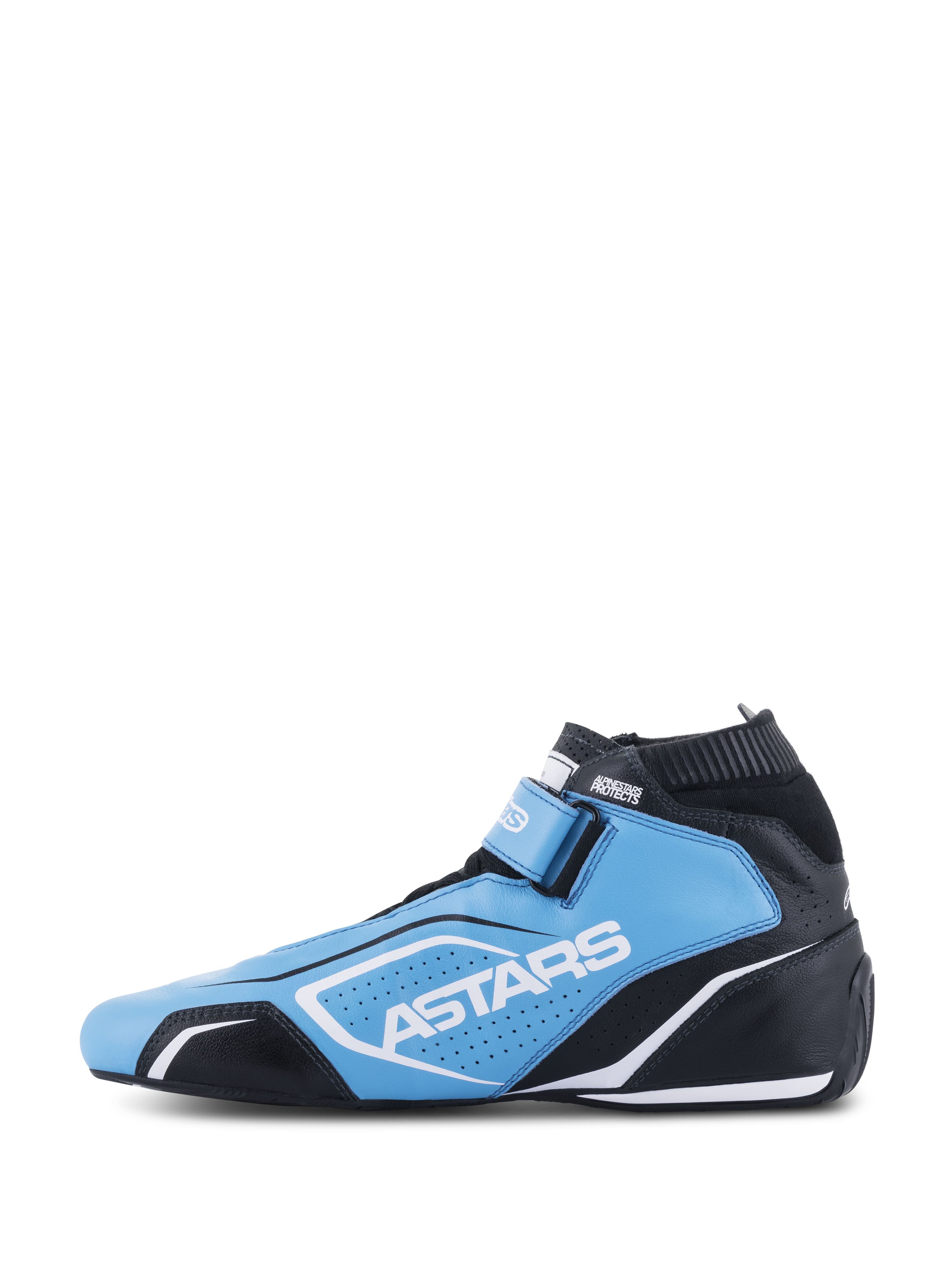 Alpinestars Tech-1 T V3 Shoes FIA, Auto Racing Shoes, Light Blue Black and White, featuring ASTARS branding, perforated leather panels, and a streamlined racing silhouette.