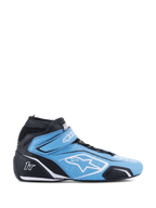Alpinestars Tech-1 T V3 Shoes FIA, high-top auto racing shoe, light blue and black with white accents, side view featuring a Velcro strap, white star logo, perforated leather construction, and a thin performance outsole