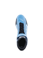 Alpinestars Tech-1 T V3 Shoes FIA, Auto Racing Shoes, Light Blue Black and White, top-down view showing full bovine leather construction, black laces with hook and loop strap, white Alpinestars logo on the toe, and perforated tongue for breathability