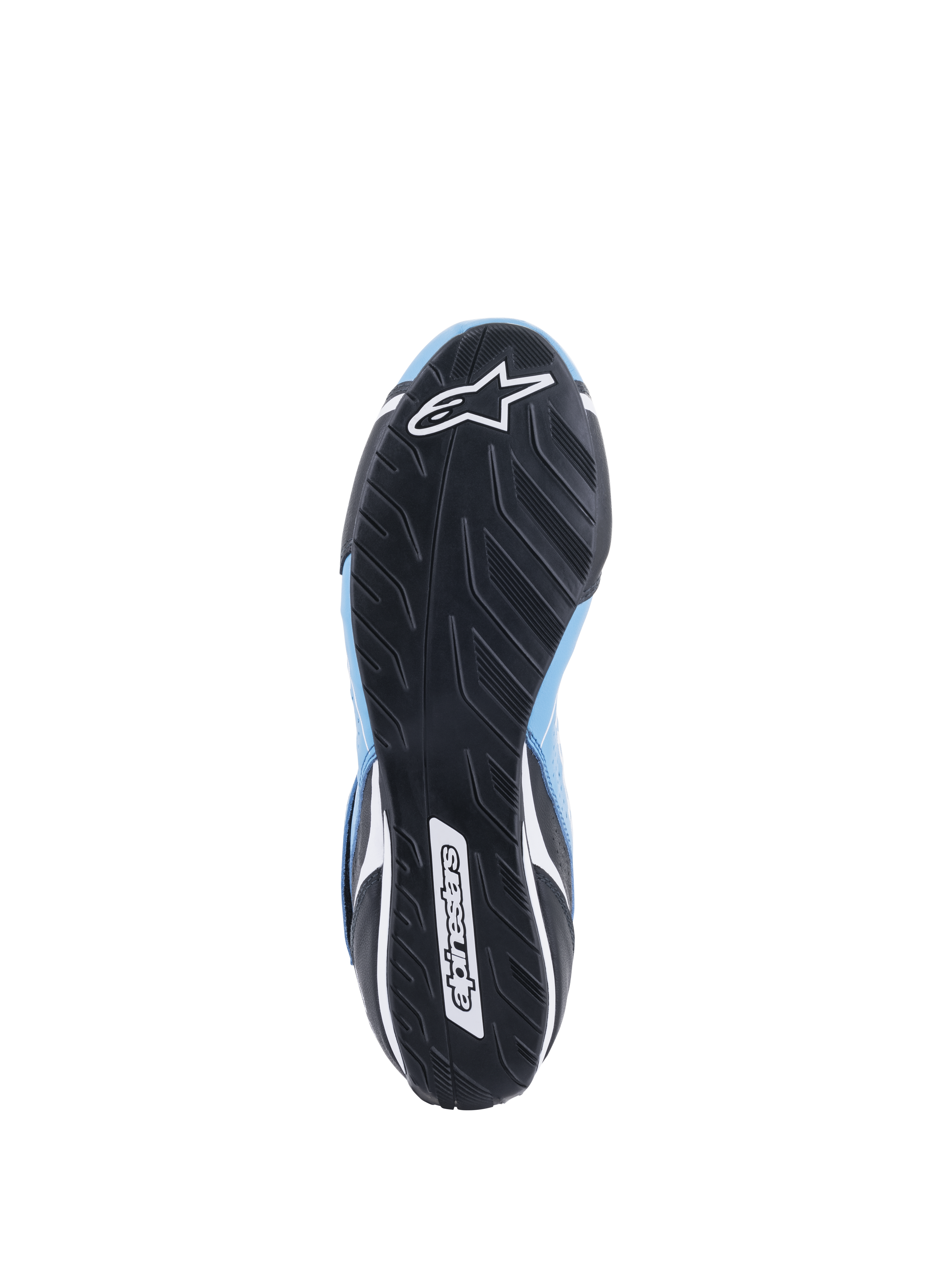 Alpinestars Tech-1 T V3 Shoes FIA, Bottom view of black rubber sole, asymmetric tire tread design, white Alpinestars star and wordmark logos, light blue and black leather accents, auto racing performance footwear