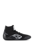 Alpinestars Supertech Shoes, FIA/SFI Certified Auto Racing Shoes, Black with white Alpinestars star logo, high-top design featuring a knitted upper and carbon fiber heel cup, professional motorsport footwear