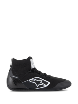 Alpinestars Supertech Shoes, FIA/SFI Certified Auto Racing Shoes, Black with white Alpinestars star logo, high-top design featuring a knitted upper and carbon fiber heel cup, professional motorsport footwear
