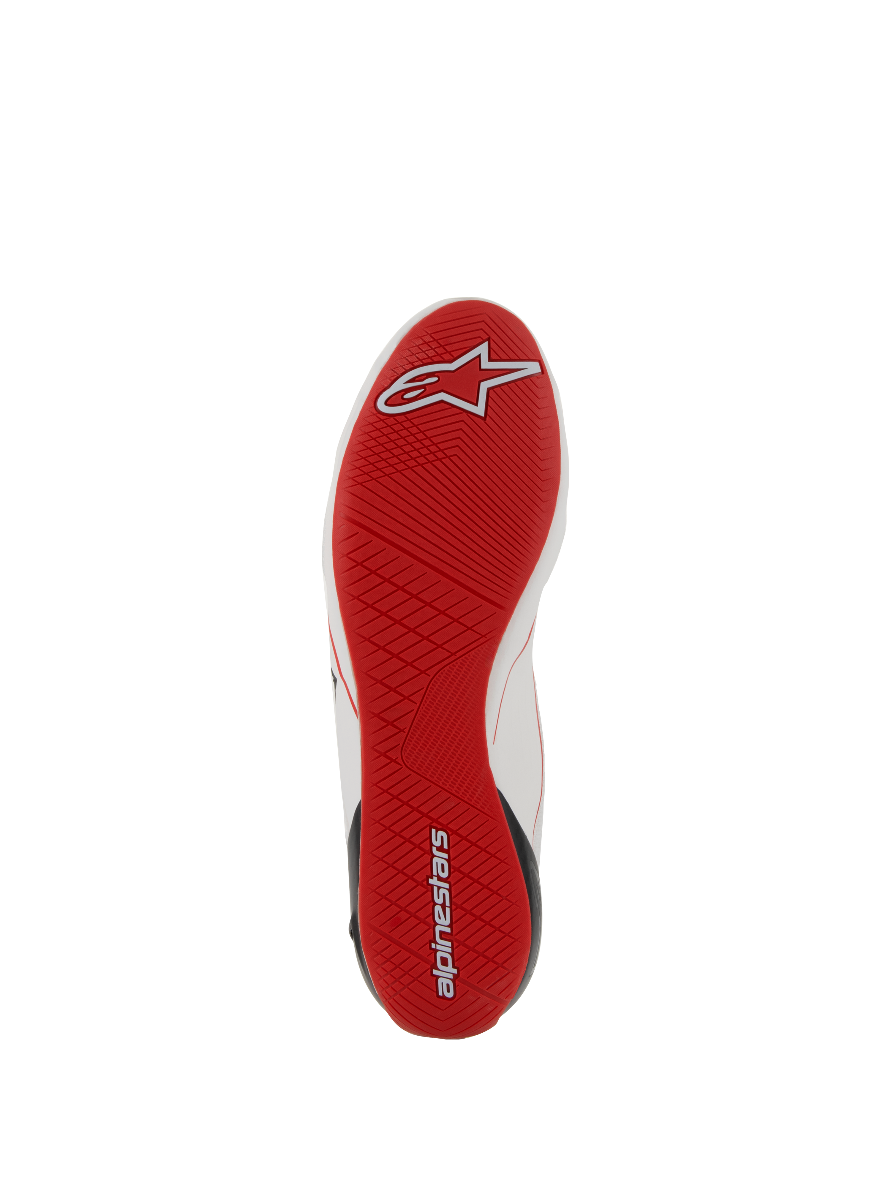 Alpinestars Supertech Shoes, Auto Racing Footwear, Red outsole view, ultra-thin rubber sole with asymmetric tread, white and red logo details, professional racing footwear for optimal pedal sensitivity.