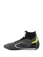 Alpinestars Supertech Shoes - FIA/SFI, Auto Racing Shoes, Gray and Black with Fluo Yellow accents, Side profile view, featuring a knitted aramid upper and carbon fiber heel cup, professional motorsport footwear