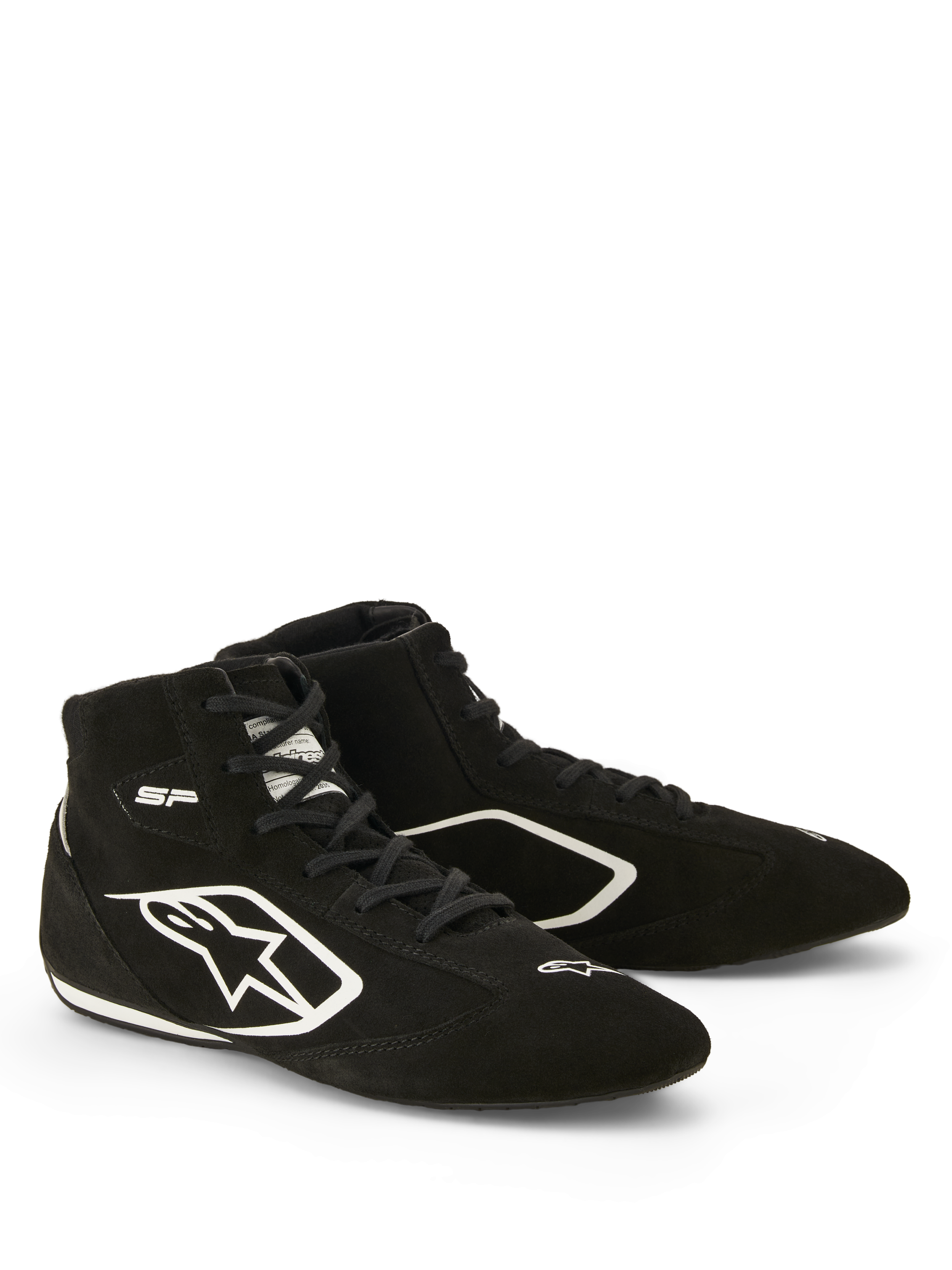 Alpinestars SP V3 Schuhe FIA, Autorennschuhe, Schwarz und Weiß, hochwertige Wildlederkonstruktion, mit weißem Astars-Logo an der Seite und dünner Rennspezifikationssohle für verbessertes Pedalgefühl