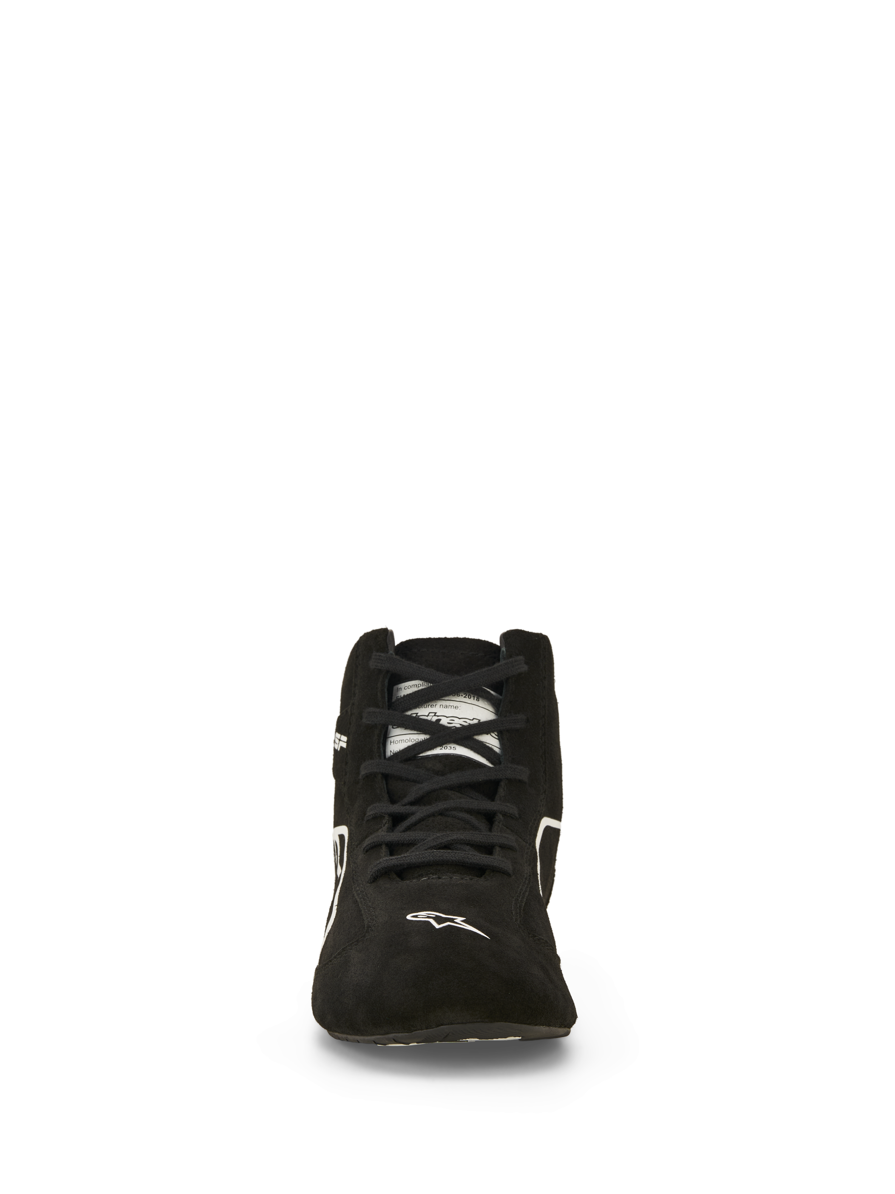 Alpinestars SP V3 Schuhe FIA, Autorenn-Schuhe, Schwarz und Weiß, Vorderansicht, Obermaterial aus hochwertigem Wildleder mit schwarzen Schnürsenkeln, weißes Alpinestars-Logo auf der Zehenpartie, feuerfeste professionelle Motorsport-Fußbekleidung