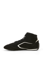 Alpinestars SP V3 Schuhe FIA, Rennschuhe, Schwarz und Weiß, Profilansicht, Obermaterial aus hochwertigem Wildleder mit weißen Grafikakzenten, High-Top-Design, dünne Gummisohle mit Rennspezifikation für ein verbessertes Pedalgefühl
