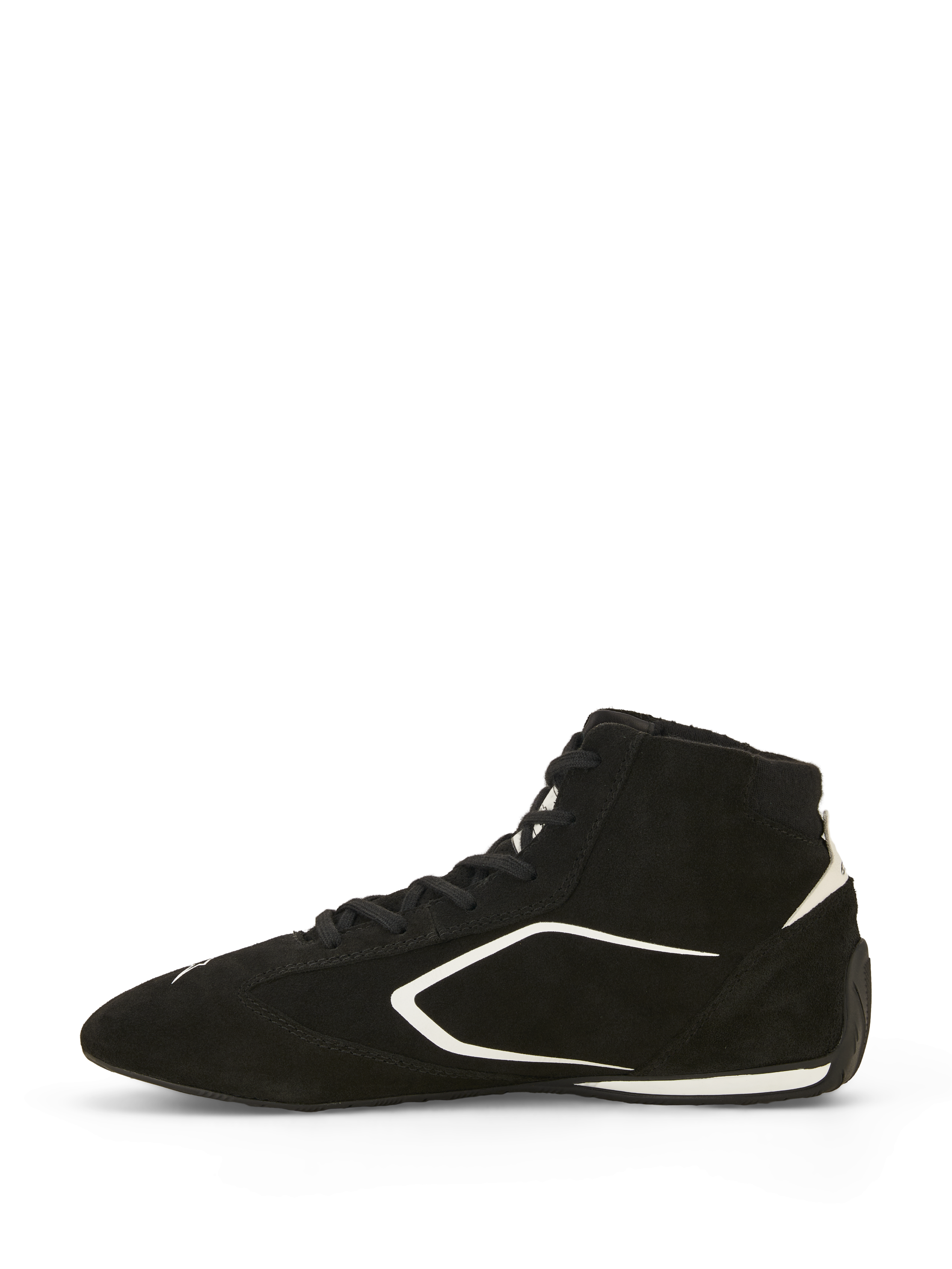 Alpinestars SP V3 Schuhe FIA, Rennschuhe, Schwarz und Weiß, Profilansicht, Obermaterial aus hochwertigem Wildleder mit weißen Grafikakzenten, High-Top-Design, dünne Gummisohle mit Rennspezifikation für ein verbessertes Pedalgefühl