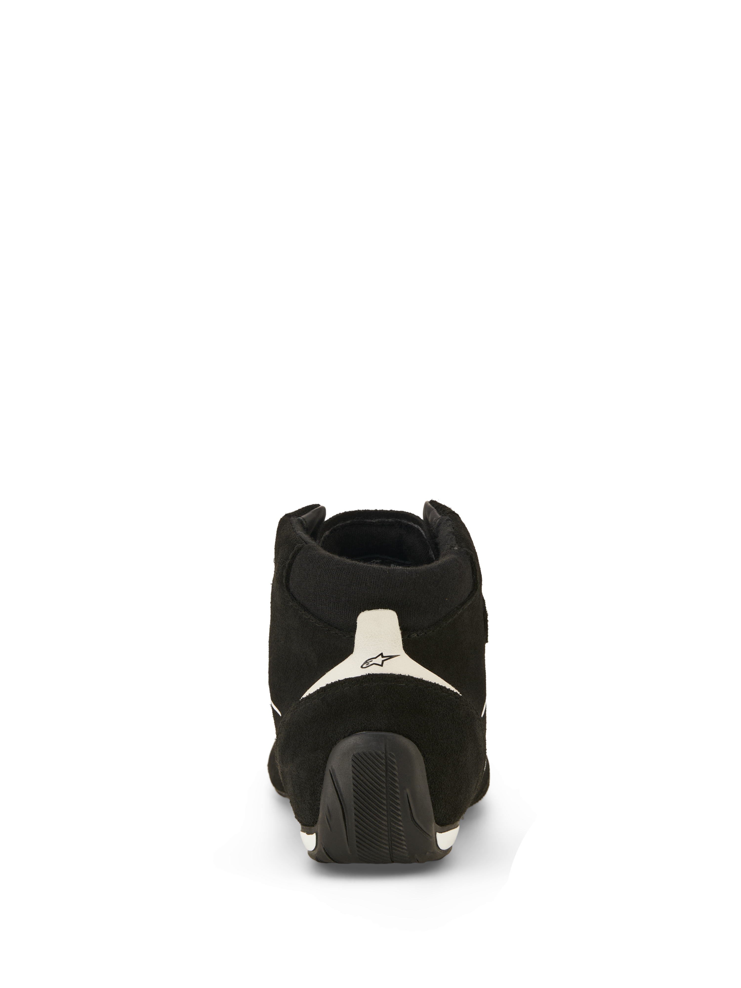 Alpinestars SP V3 Schuhe FIA, Autorenn-Schuhe, Schwarz und Weiß, Rückansicht mit Obermaterial aus Wildleder, weißem Fersenpanel mit schwarzem Logo und strukturierter Gummisohle, die über die Ferse hochgezogen ist