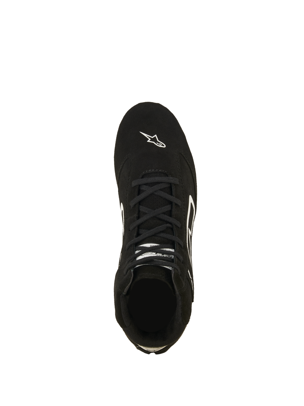 Alpinestars SP V3 Schuhe FIA, Autorenn-Schuhe, Schwarz und Weiß, Draufsicht auf das Obermaterial aus hochwertigem Wildleder, mit schwarzen Schnürsenkeln und weißem Astars-Logo auf der Zehenpartie, professionelles feuerfestes Motorsport-Schuhwerk